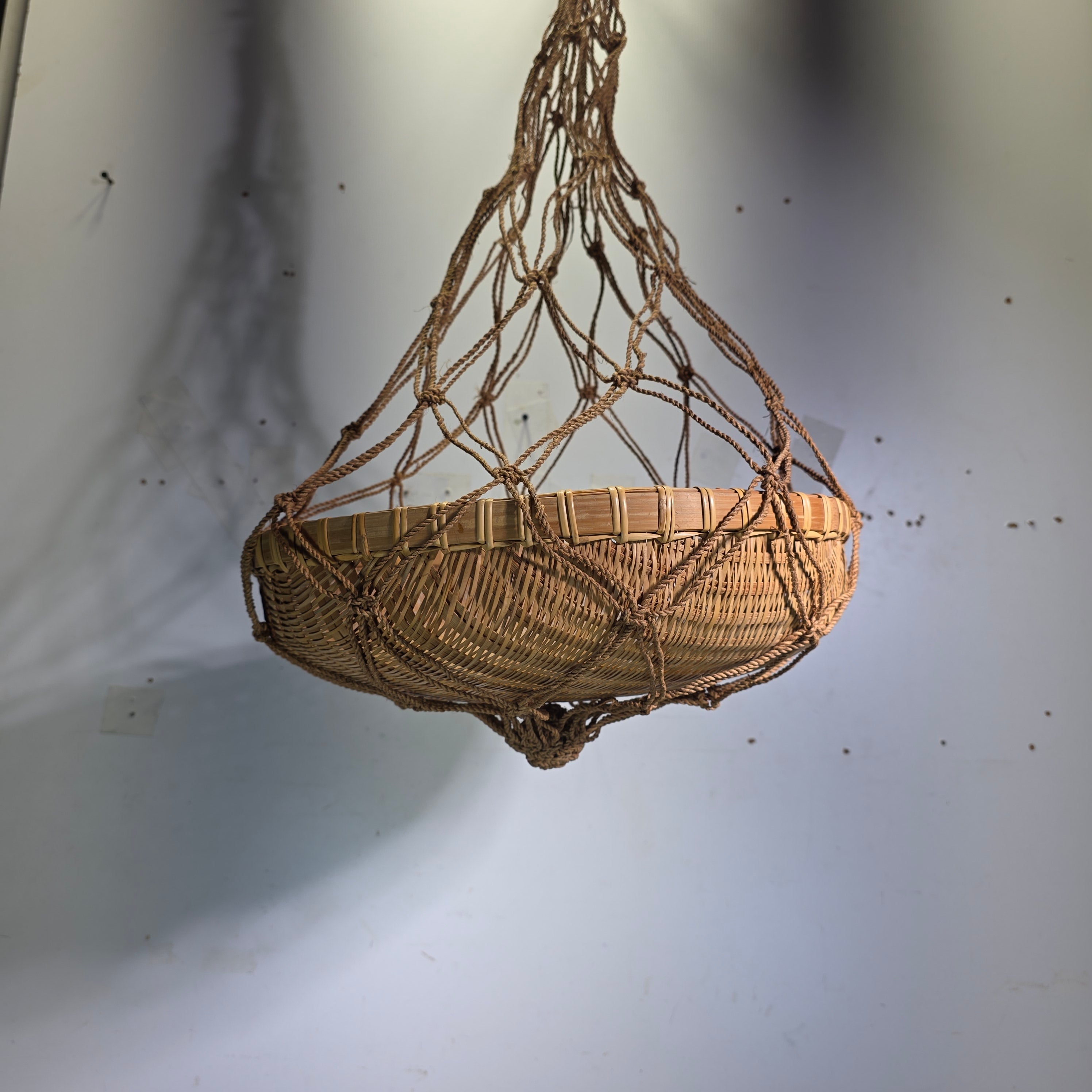 Vintage Boho Bamboo Hanging Basket Macrame Rope Sling Japandi Plant Fruit Basket