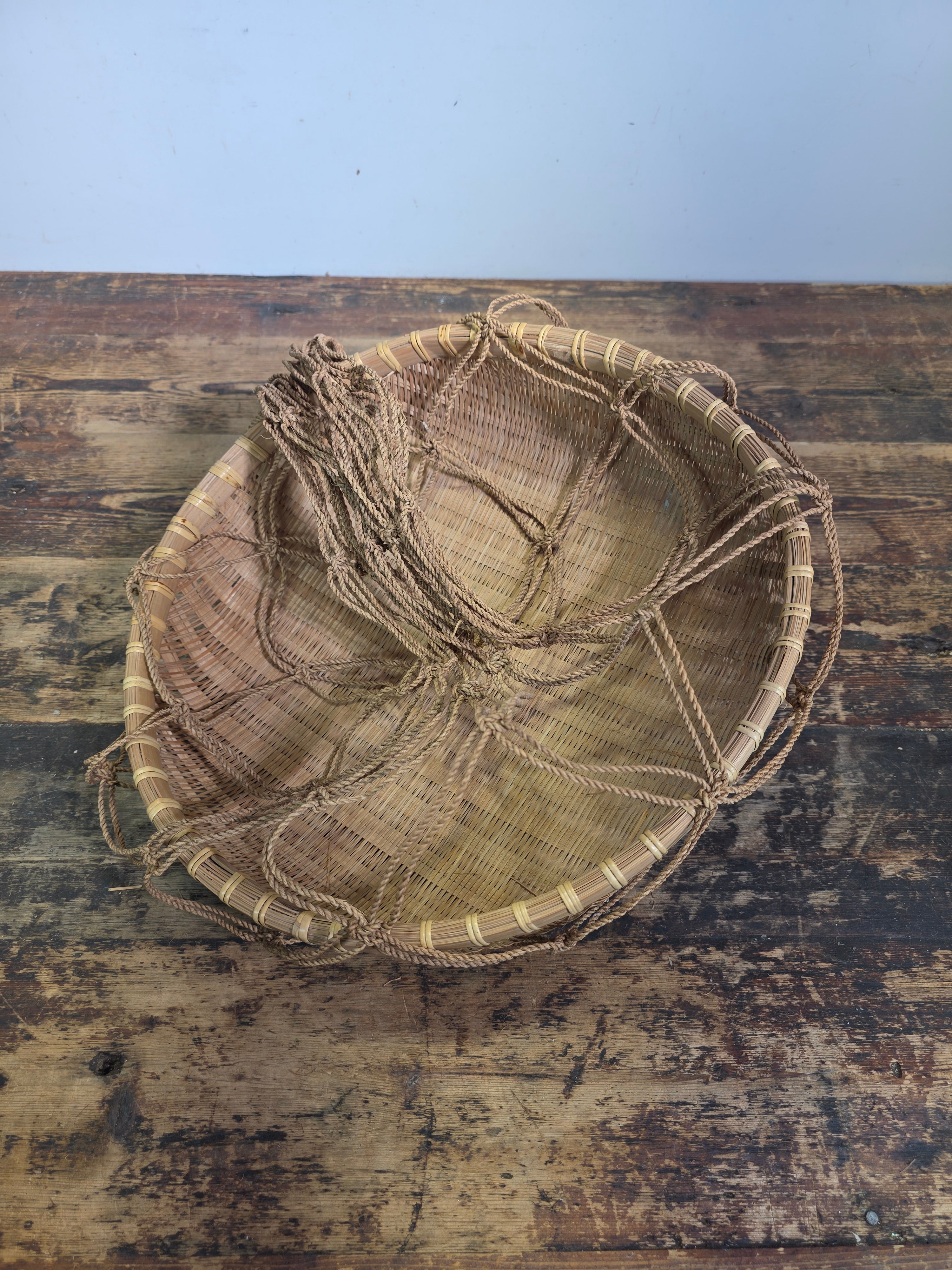 Vintage Boho Bamboo Hanging Basket Macrame Rope Sling Japandi Plant Fruit Basket