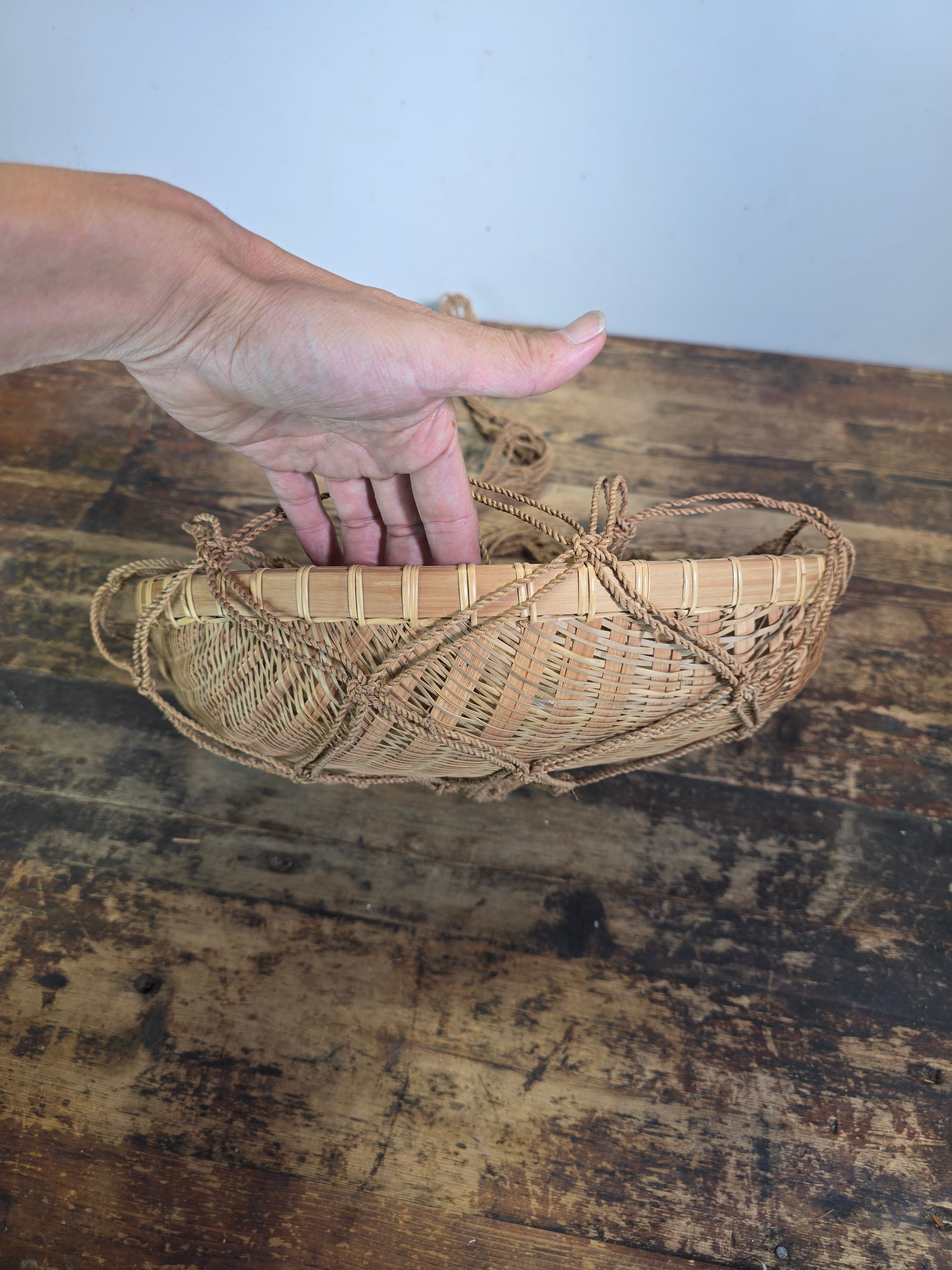 Vintage Boho Bamboo Hanging Basket Macrame Rope Sling Japandi Plant Fruit Basket
