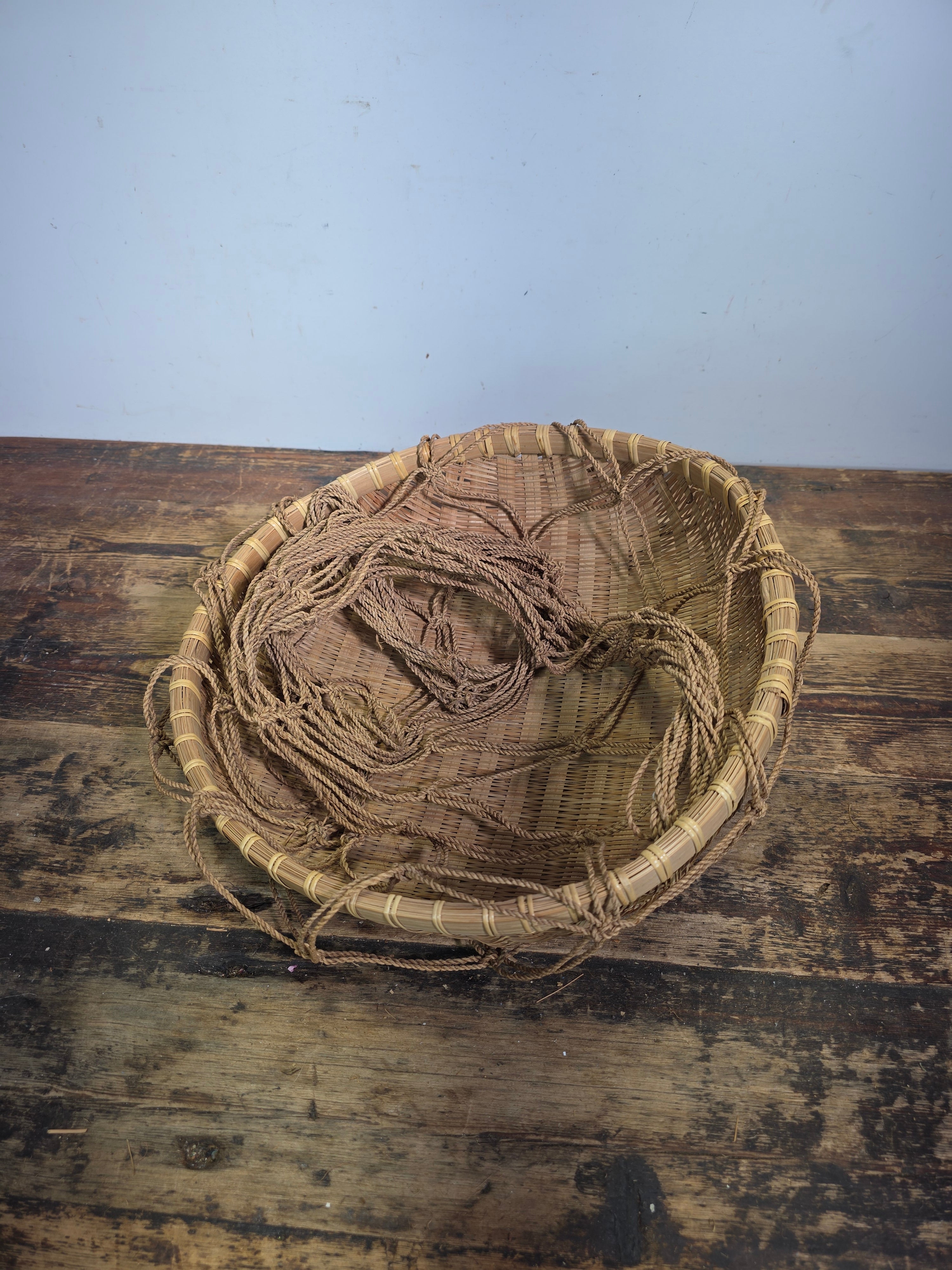 Vintage Boho Bamboo Hanging Basket Macrame Rope Sling Japandi Plant Fruit Basket