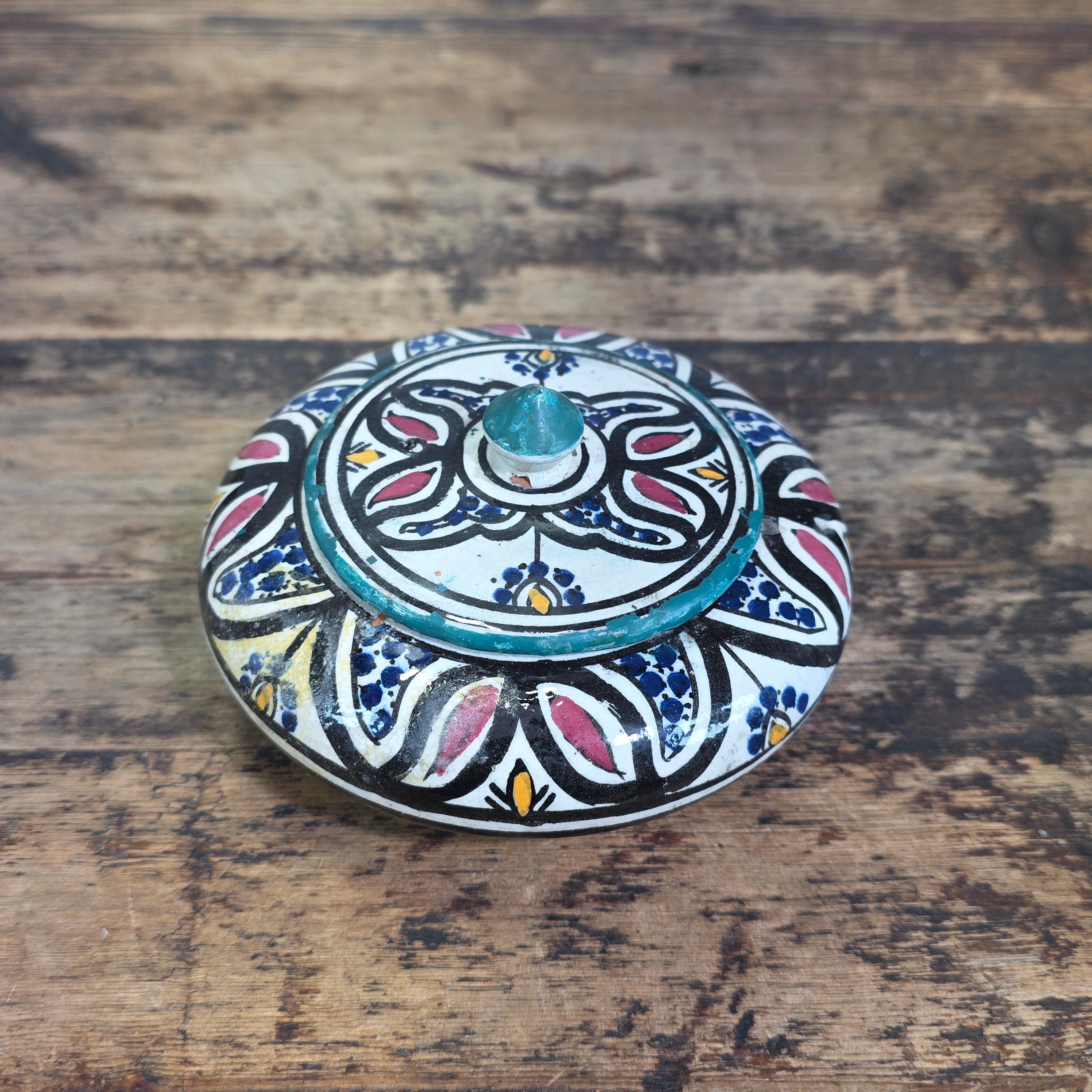 Vintage Hand Painted Moroccan Pottery Ceramic Round Lidded Trinket Box Boho Blue