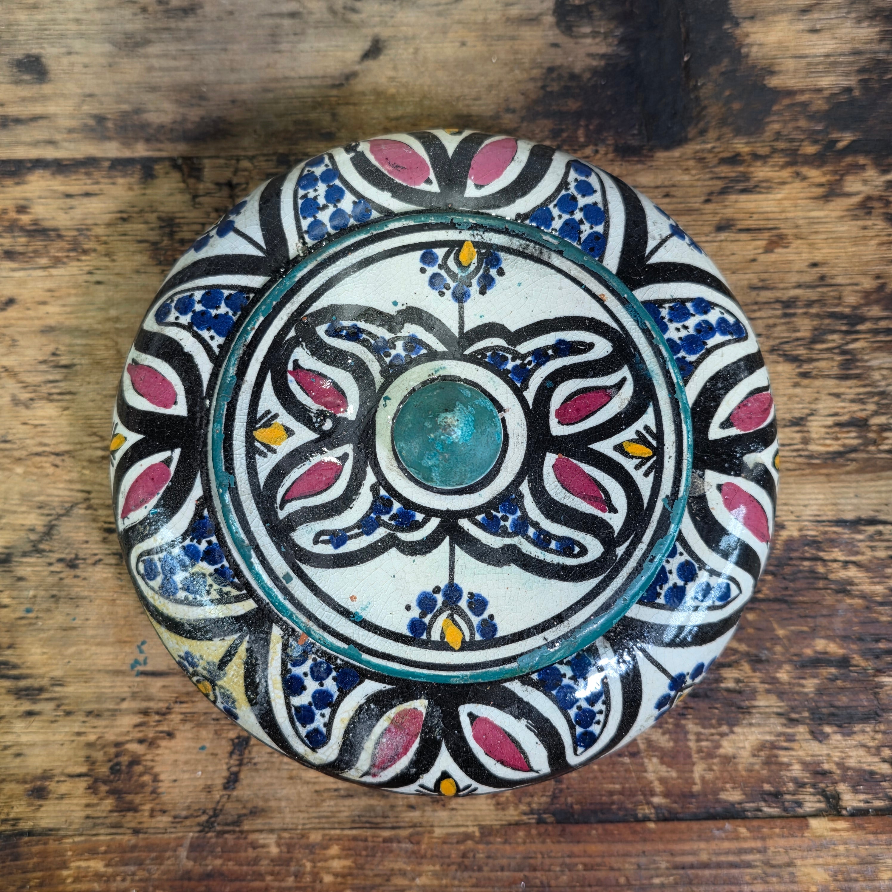 Vintage Hand Painted Moroccan Pottery Ceramic Round Lidded Trinket Box Boho Blue