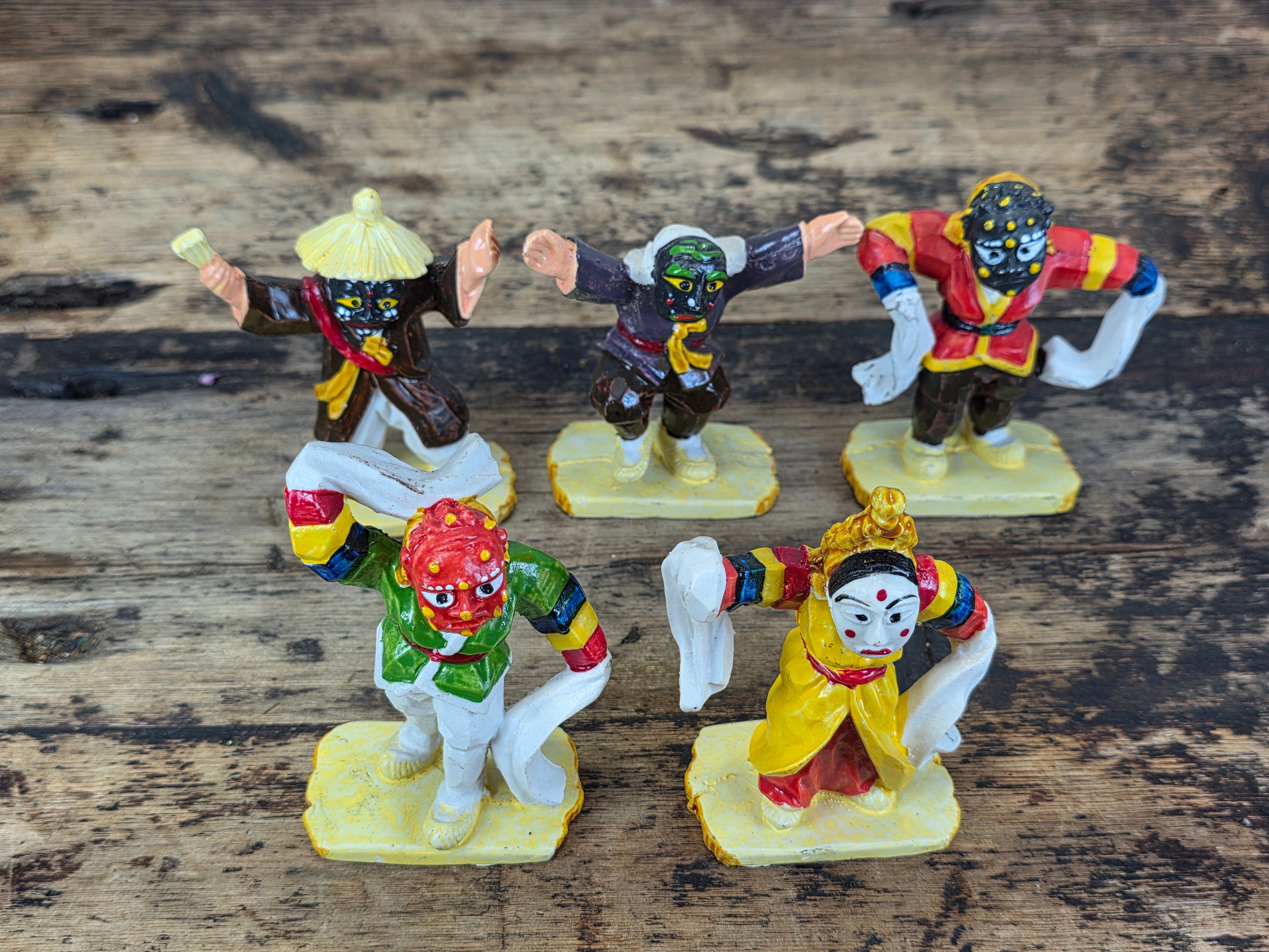 Vintage Korean Bongsan Talchum Mask Dance Figures Hand Painted Folk Art Set of 5