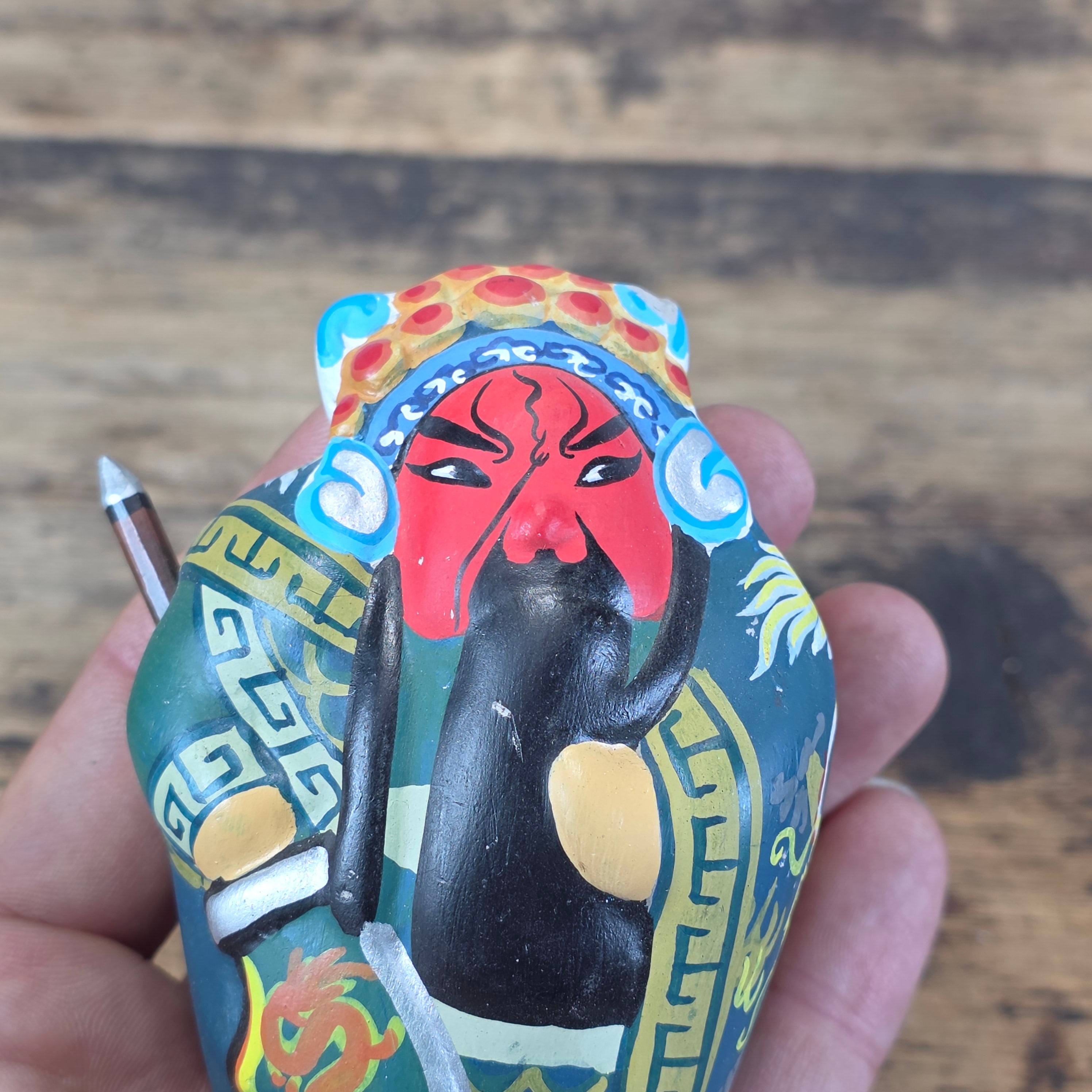 Vintage Chinese Peking Opera Painted Clay Figurine Red Face Warrior Guan Yu