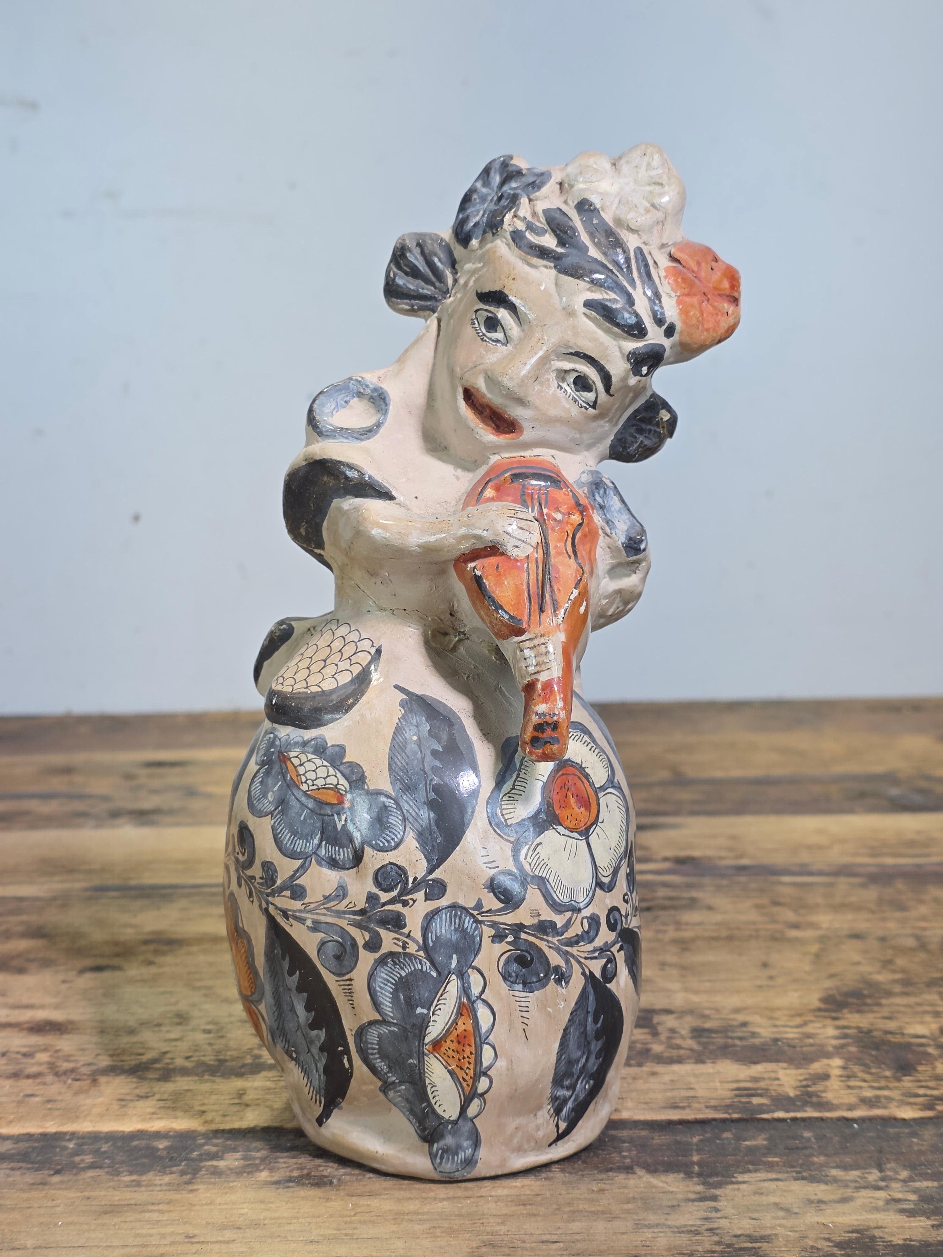 Vintage Tonala Mexico Pottery Musician Violin Figure Folk Art Barro Brunido 9"