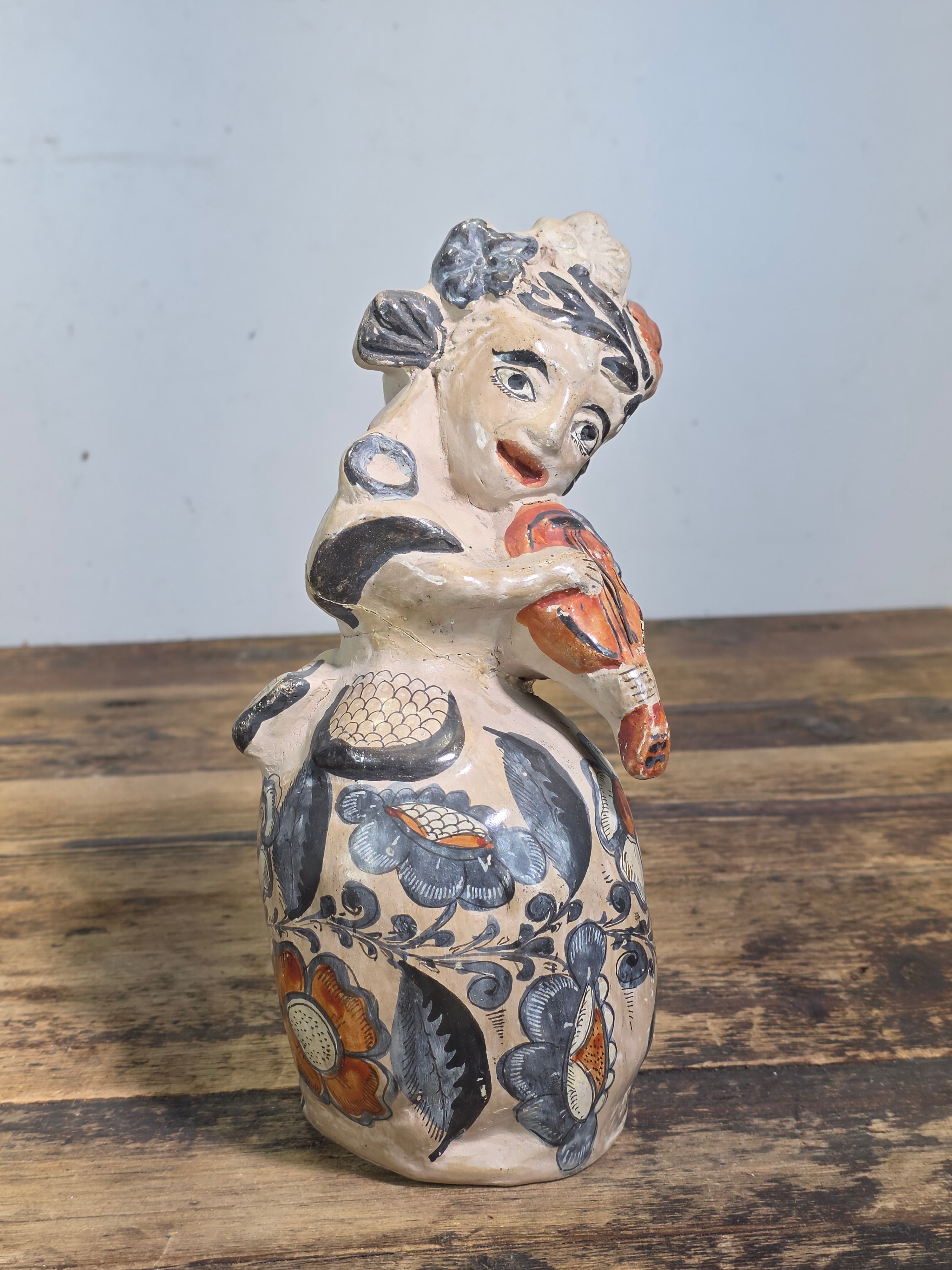 Vintage Tonala Mexico Pottery Musician Violin Figure Folk Art Barro Brunido 9"