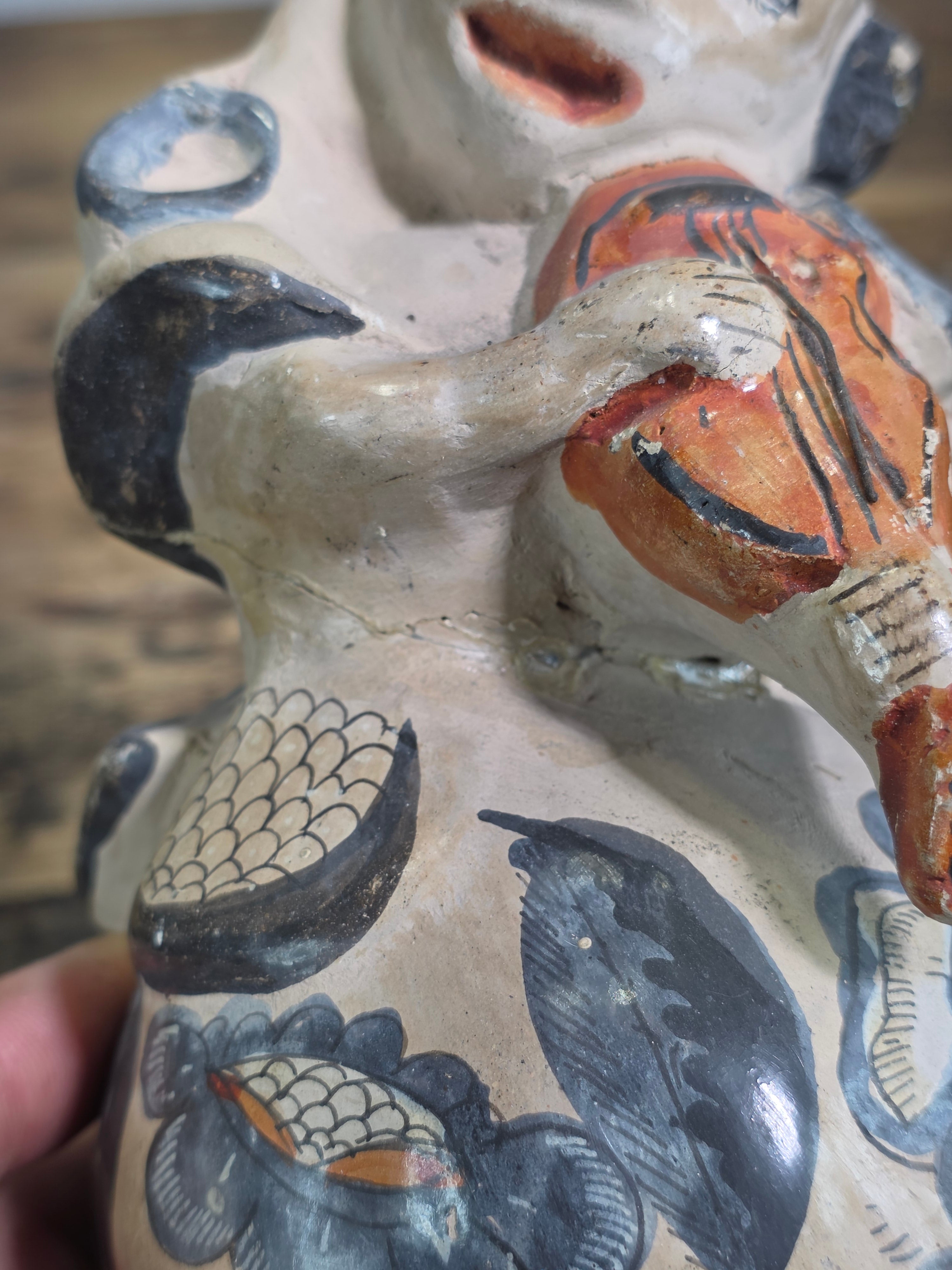 Vintage Tonala Mexico Pottery Musician Violin Figure Folk Art Barro Brunido 9"