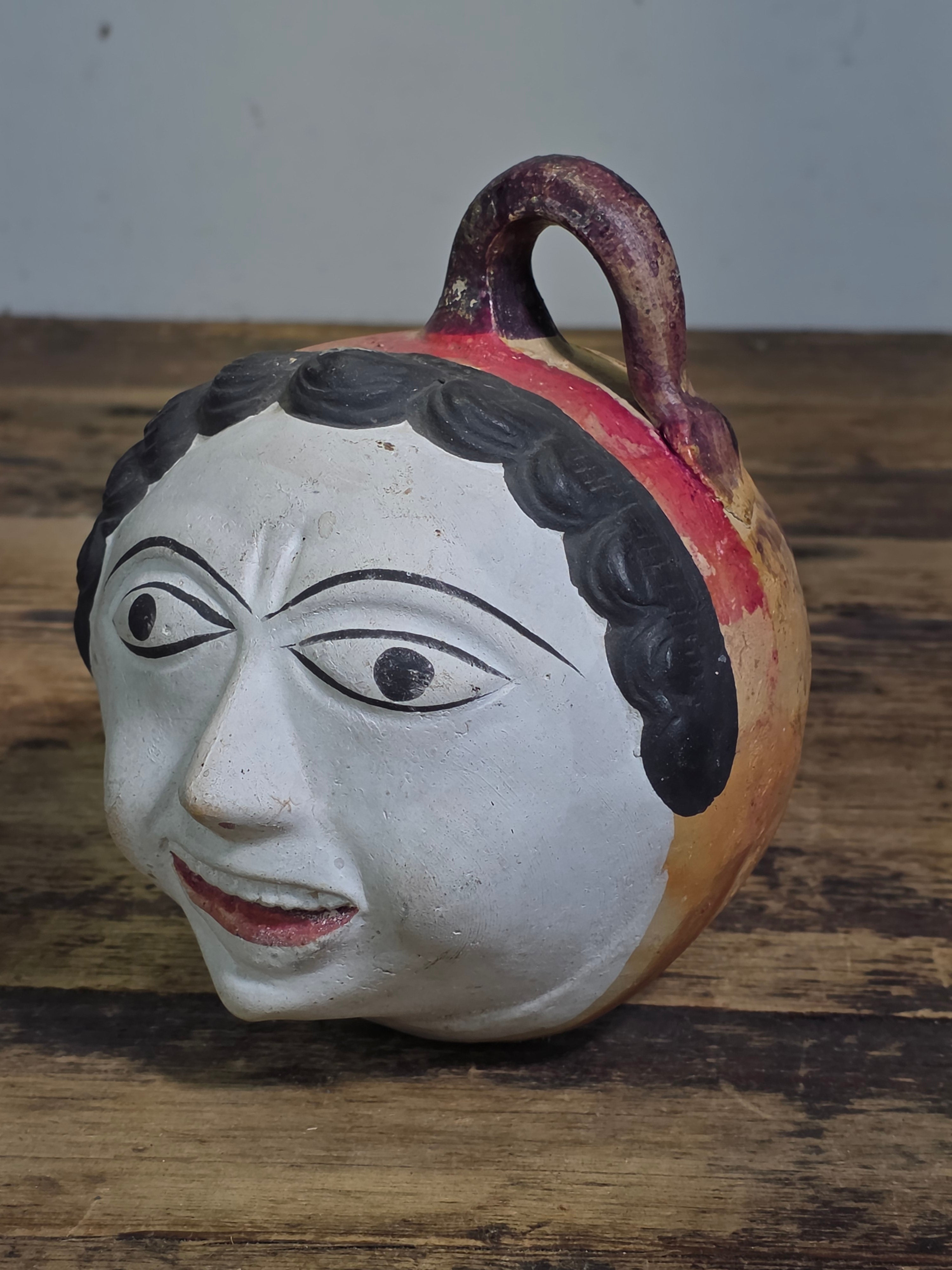 Vtg Mexican Tonala Pottery Face Head Coin Bank Mid Century Folk Art Burnished 6"