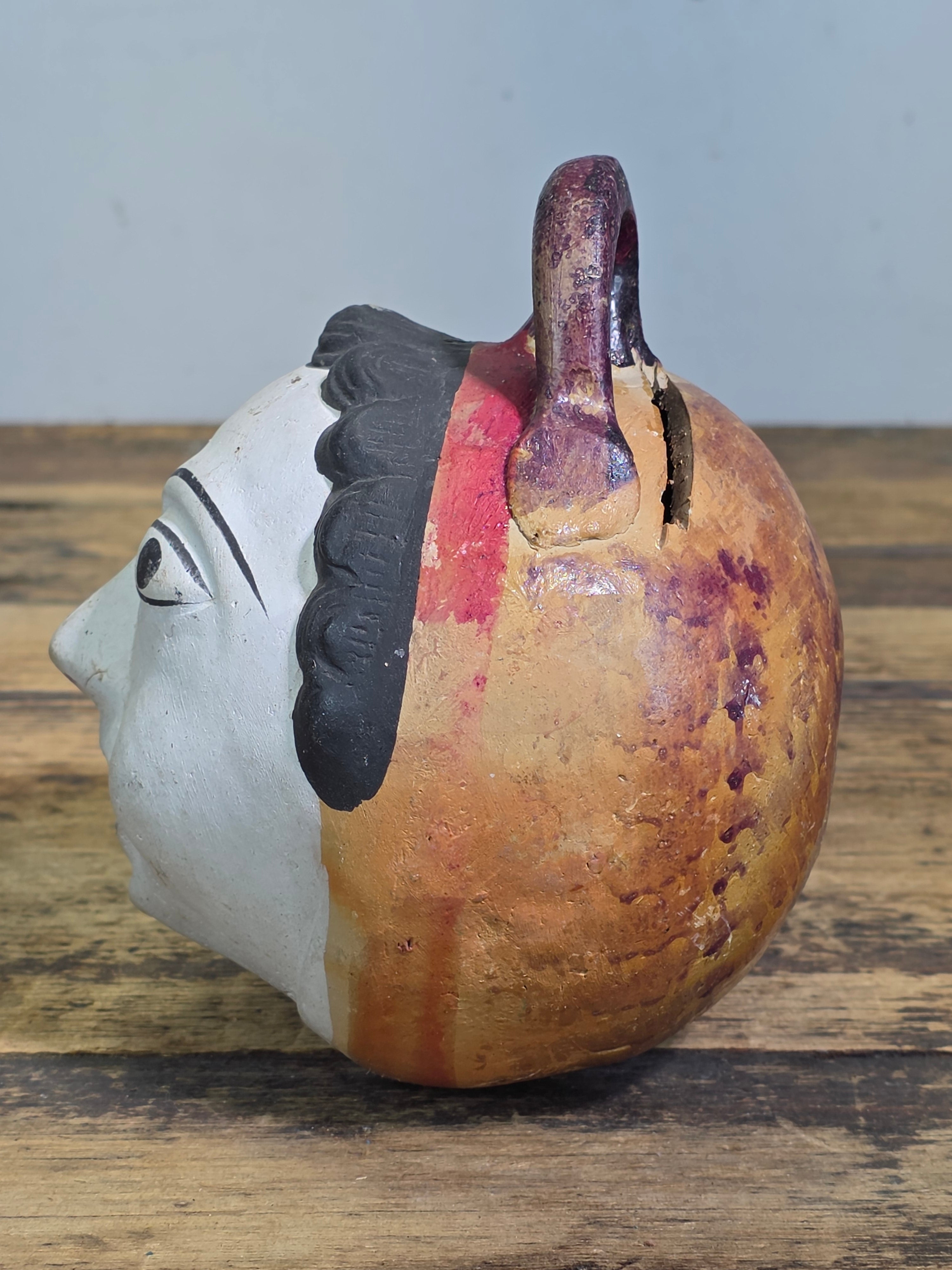 Vtg Mexican Tonala Pottery Face Head Coin Bank Mid Century Folk Art Burnished 6"