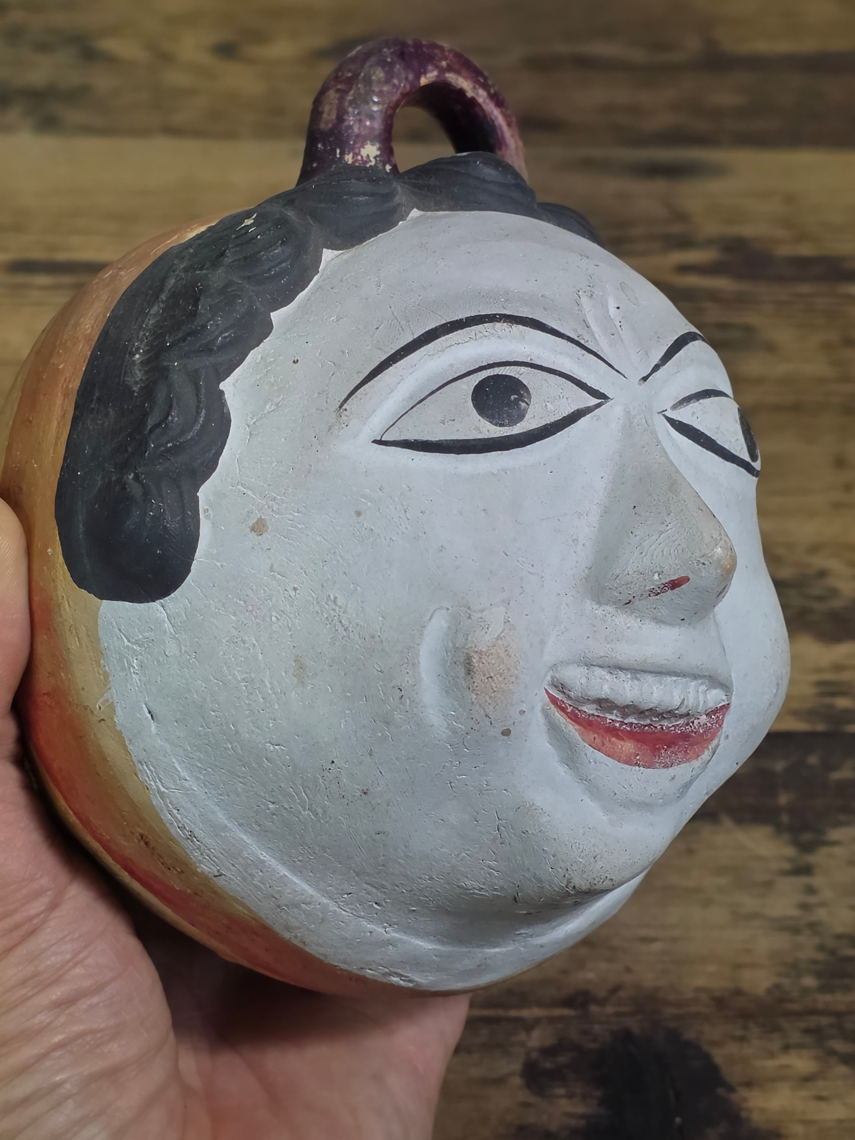 Vtg Mexican Tonala Pottery Face Head Coin Bank Mid Century Folk Art Burnished 6"