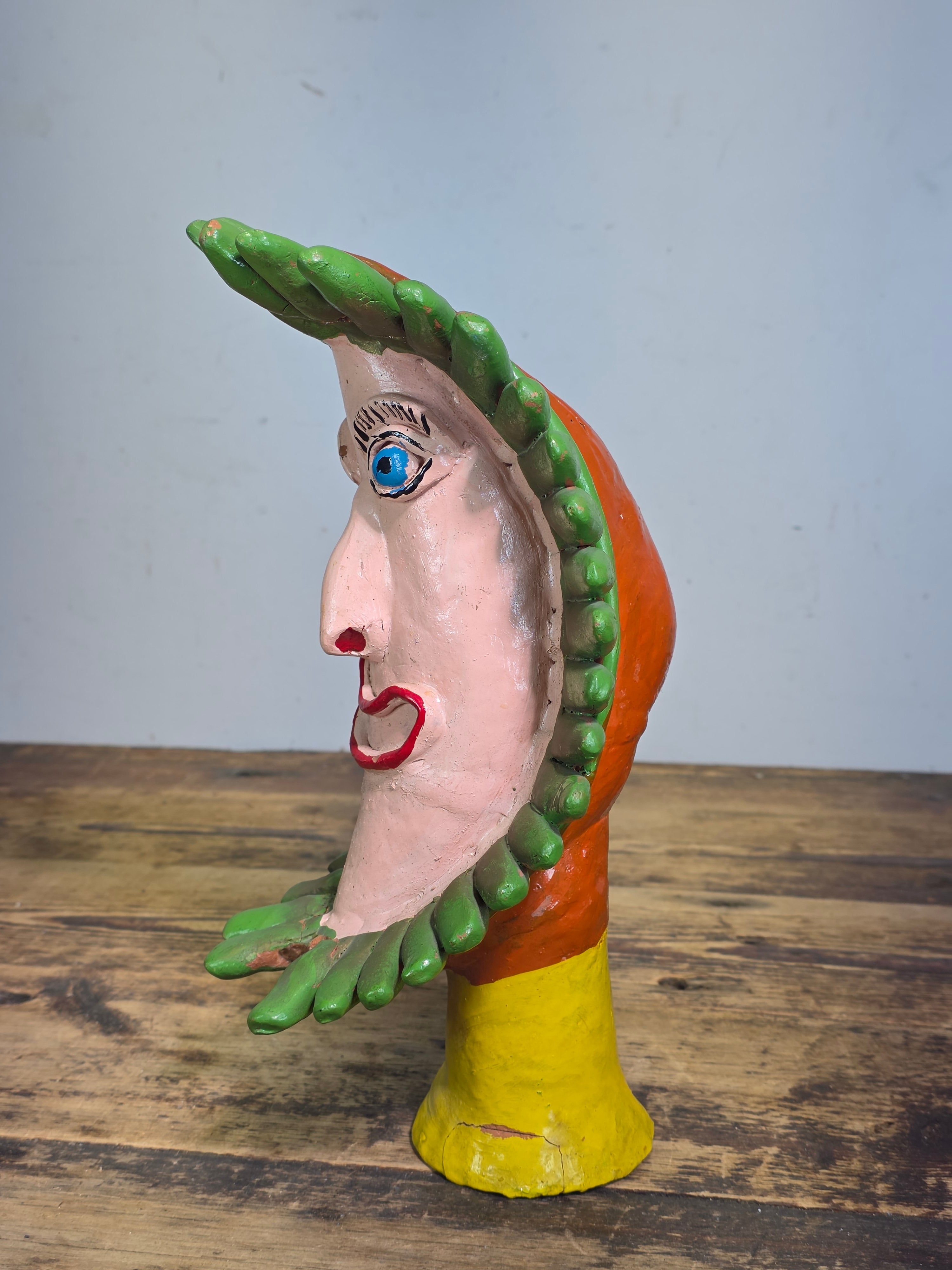Vintage Ocumicho Mexican Folk Art Pottery Sun Face Coin Bank Surreal Head