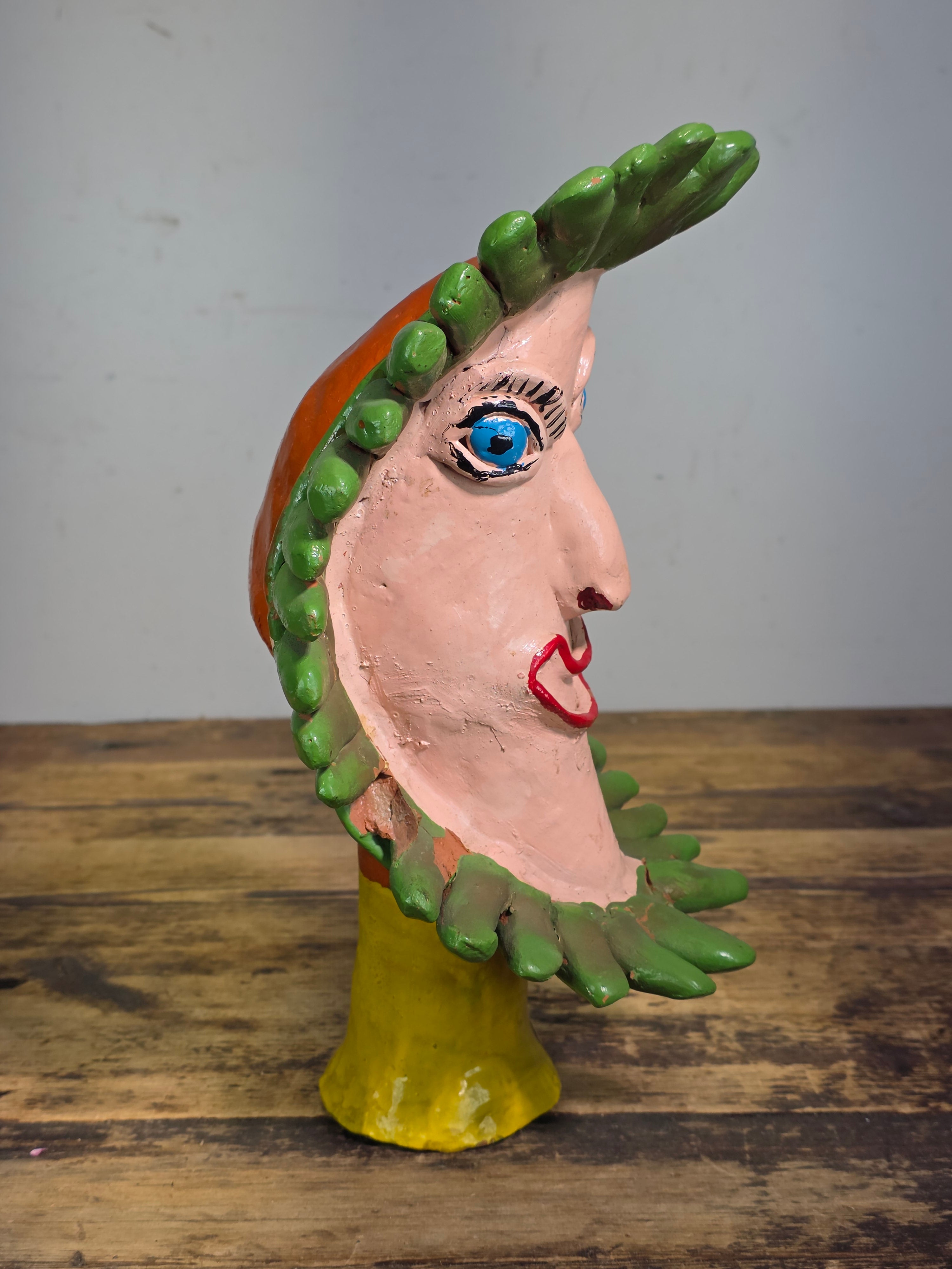 Vintage Ocumicho Mexican Folk Art Pottery Sun Face Coin Bank Surreal Head