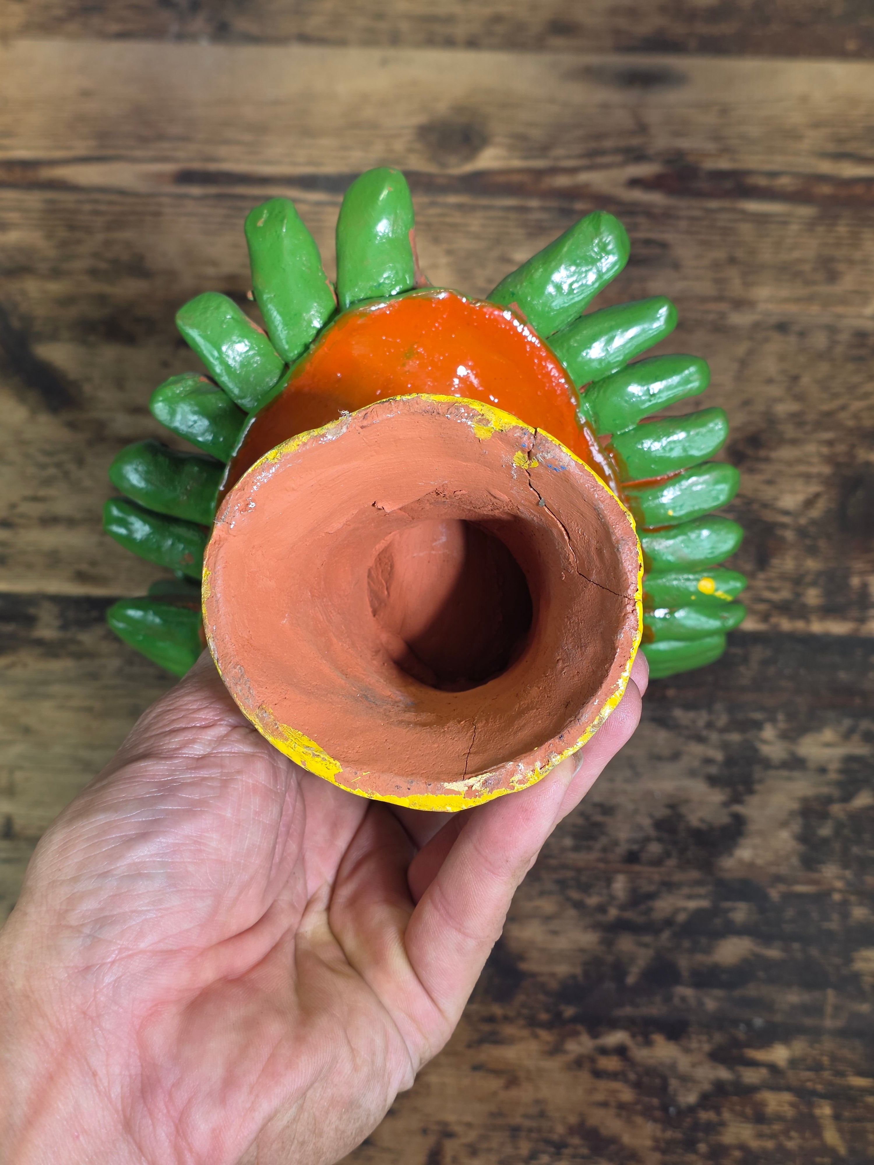 Vintage Ocumicho Mexican Folk Art Pottery Sun Face Coin Bank Surreal Head