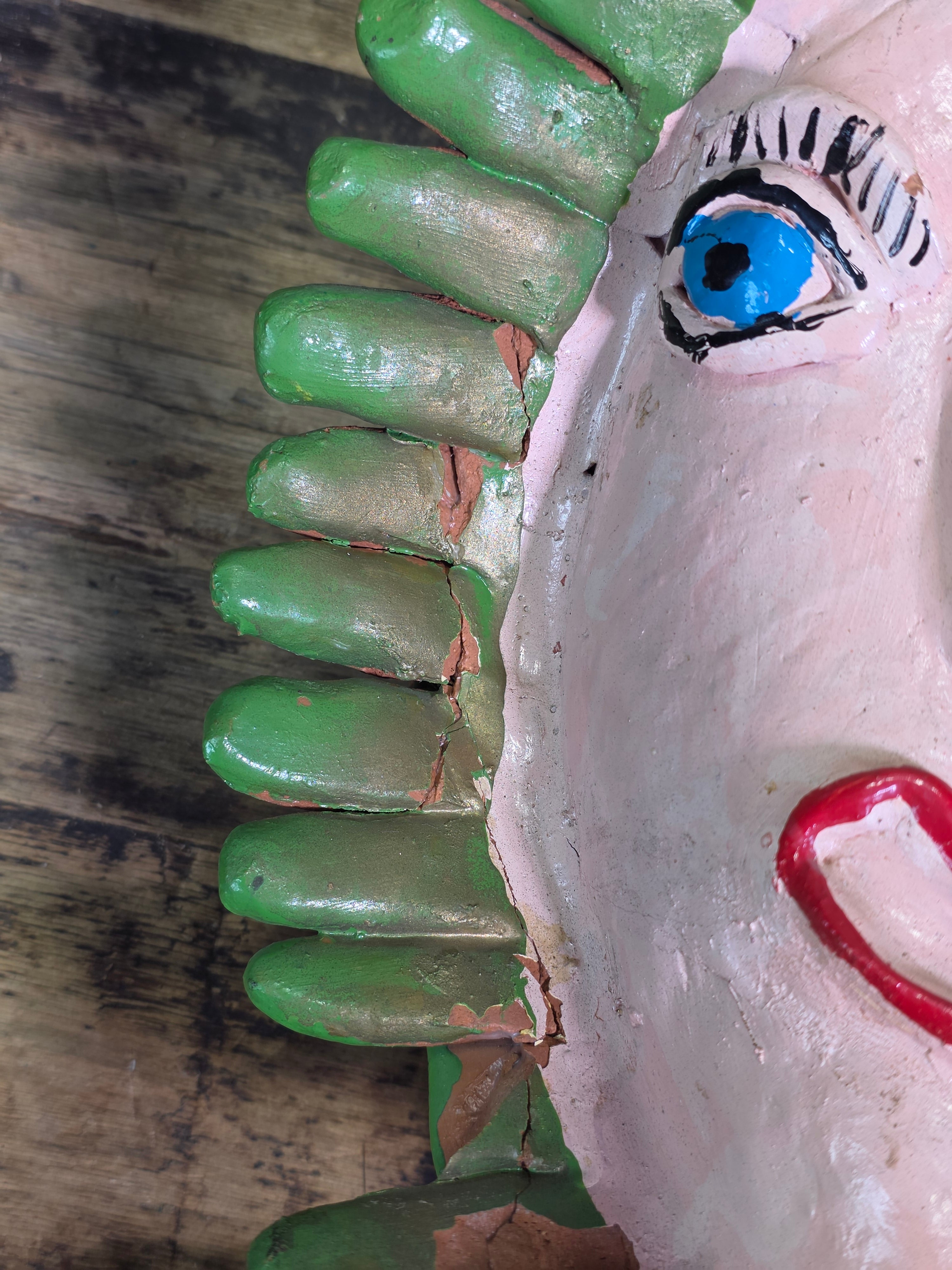 Vintage Ocumicho Mexican Folk Art Pottery Sun Face Coin Bank Surreal Head