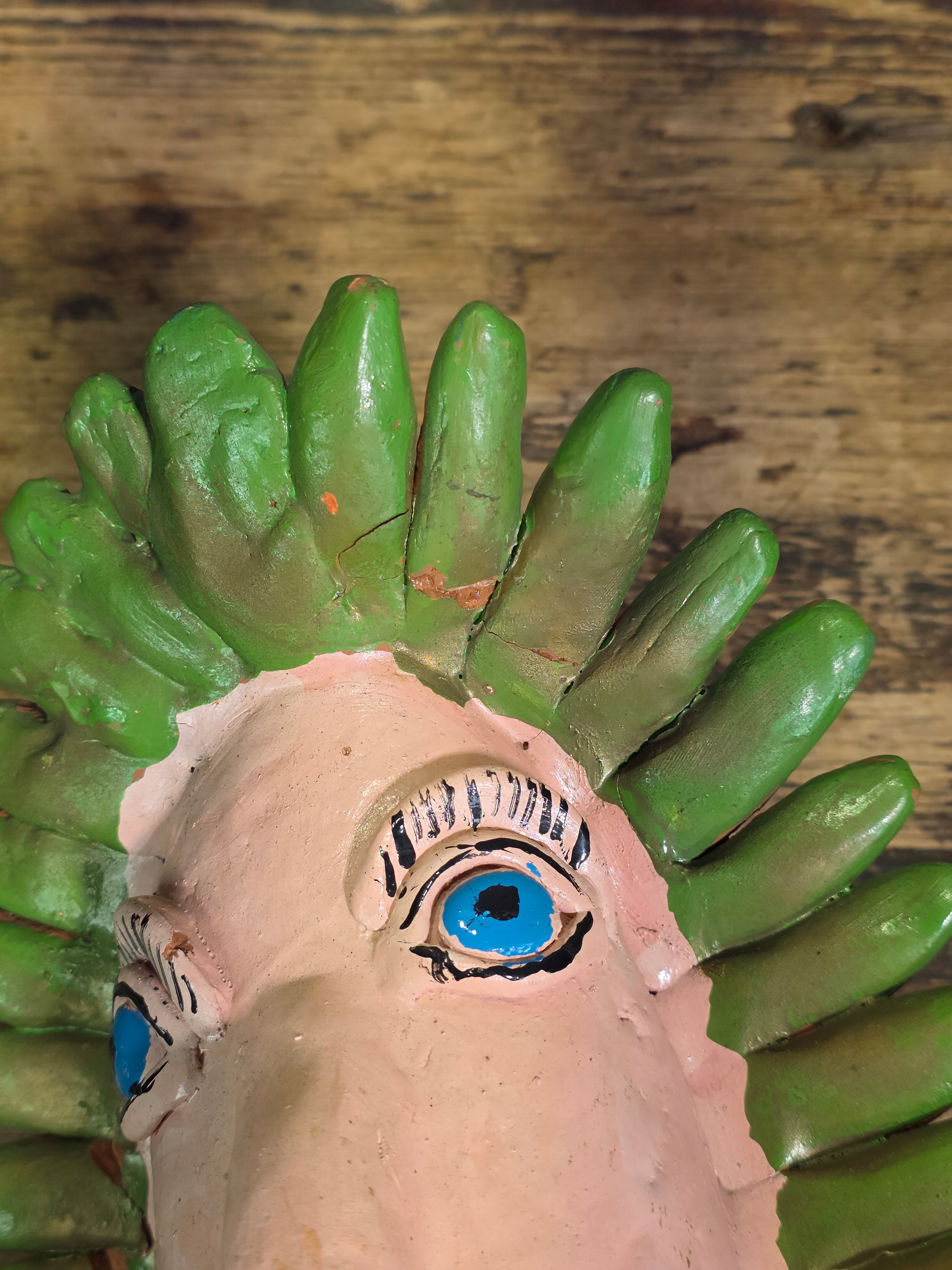 Vintage Ocumicho Mexican Folk Art Pottery Sun Face Coin Bank Surreal Head
