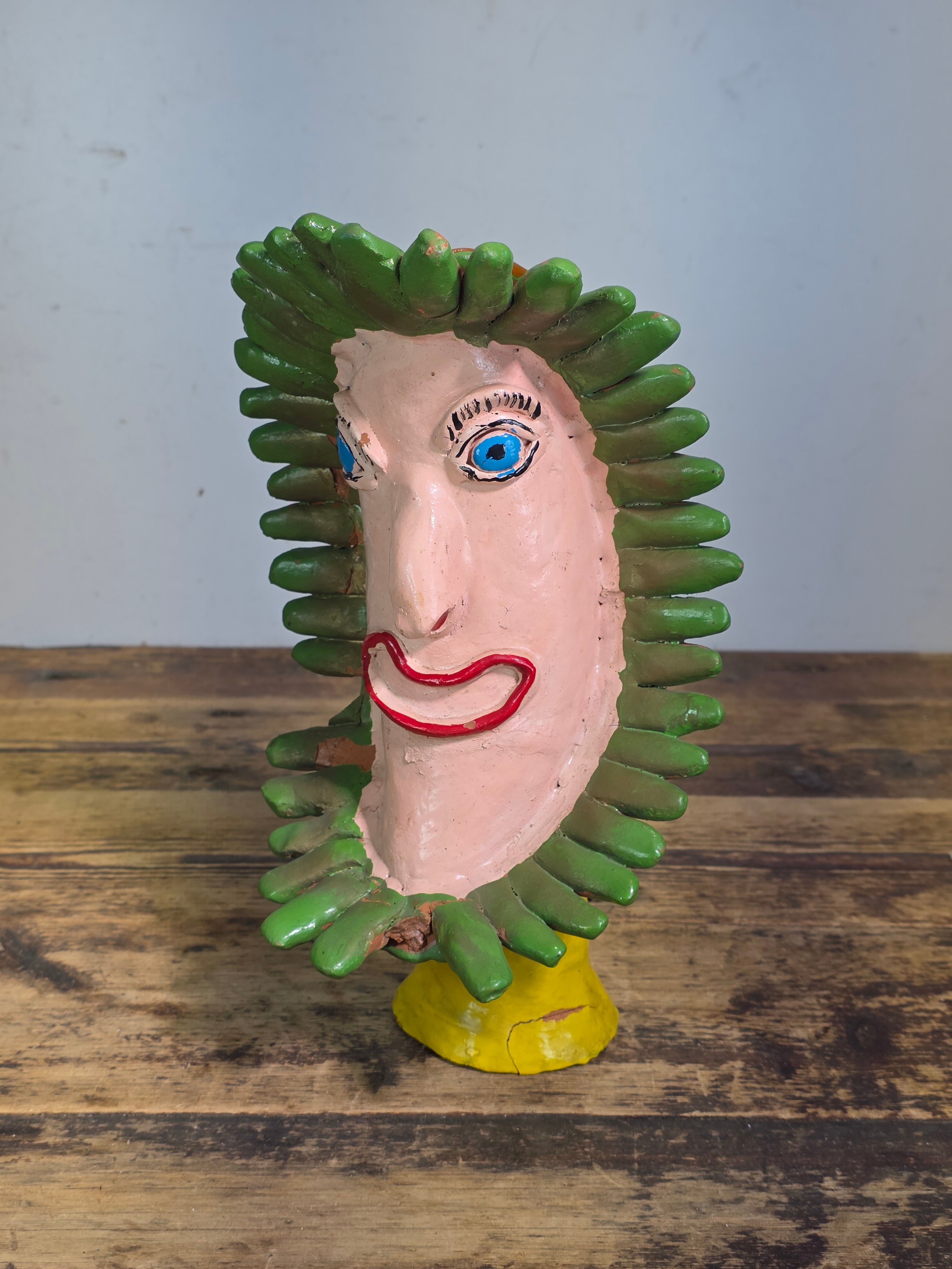 Vintage Ocumicho Mexican Folk Art Pottery Sun Face Coin Bank Surreal Head