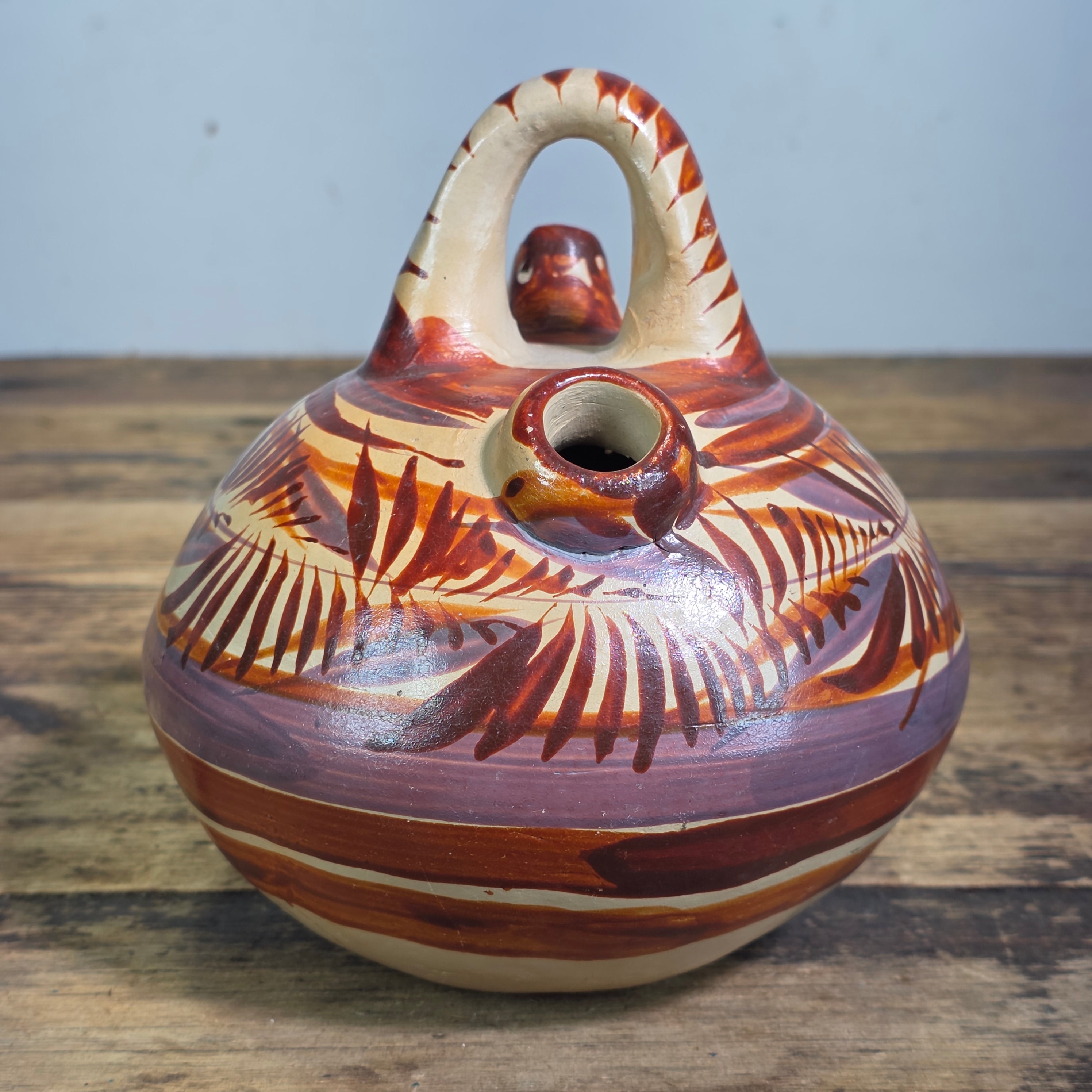 Vintage Mexican Tonala Pottery Water Jug Cantaro Double Spout Terracotta Clay 6"