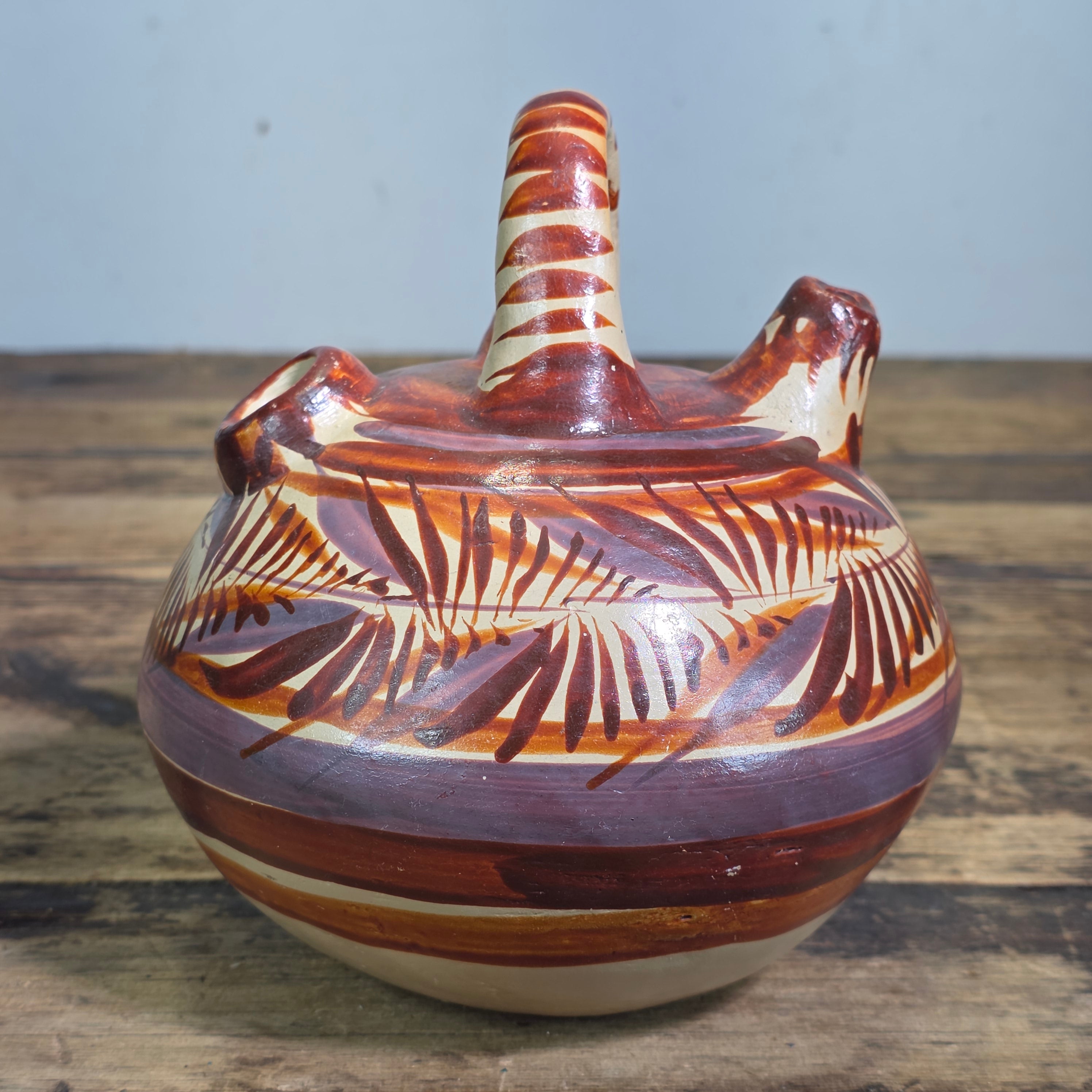 Vintage Mexican Tonala Pottery Water Jug Cantaro Double Spout Terracotta Clay 6"