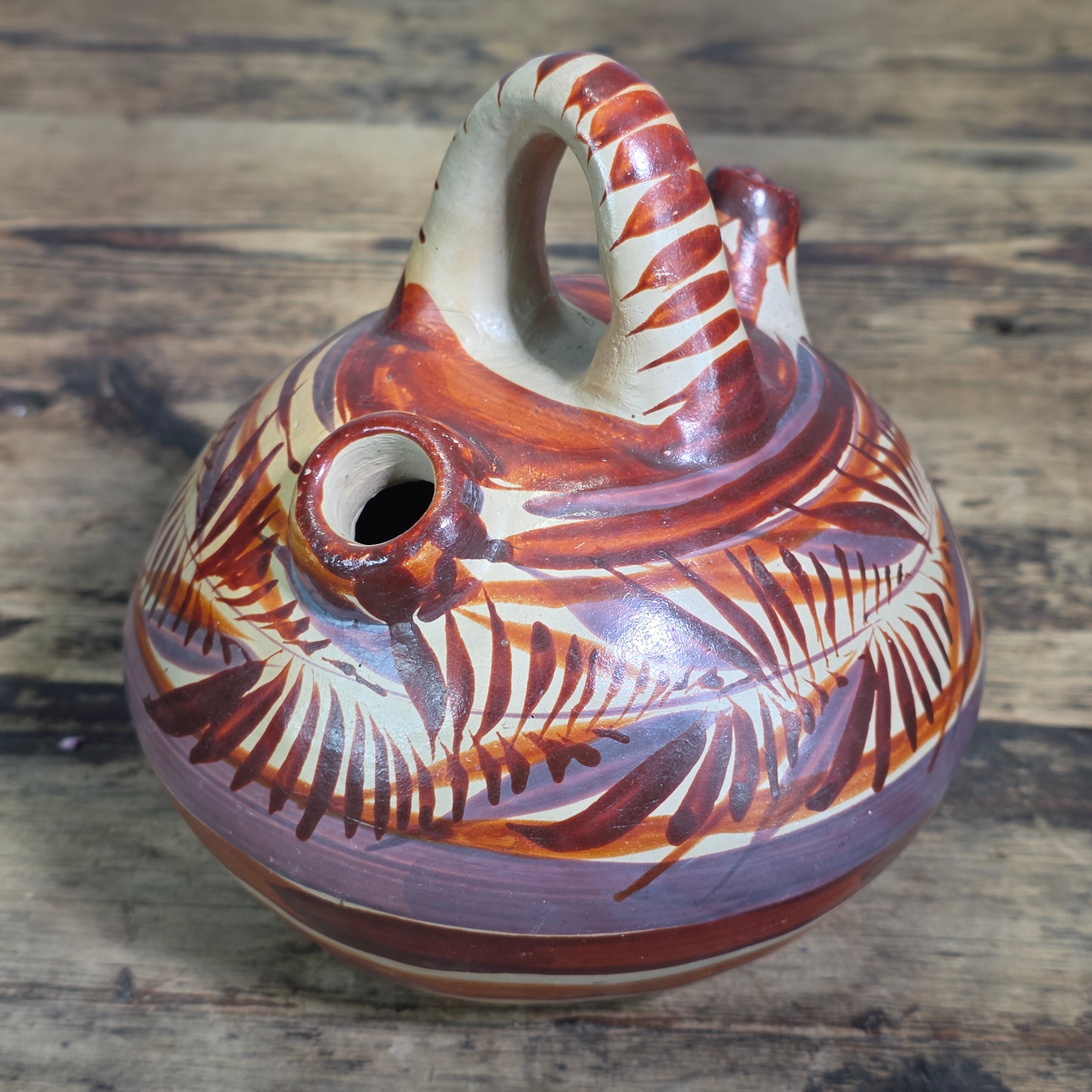 Vintage Mexican Tonala Pottery Water Jug Cantaro Double Spout Terracotta Clay 6"