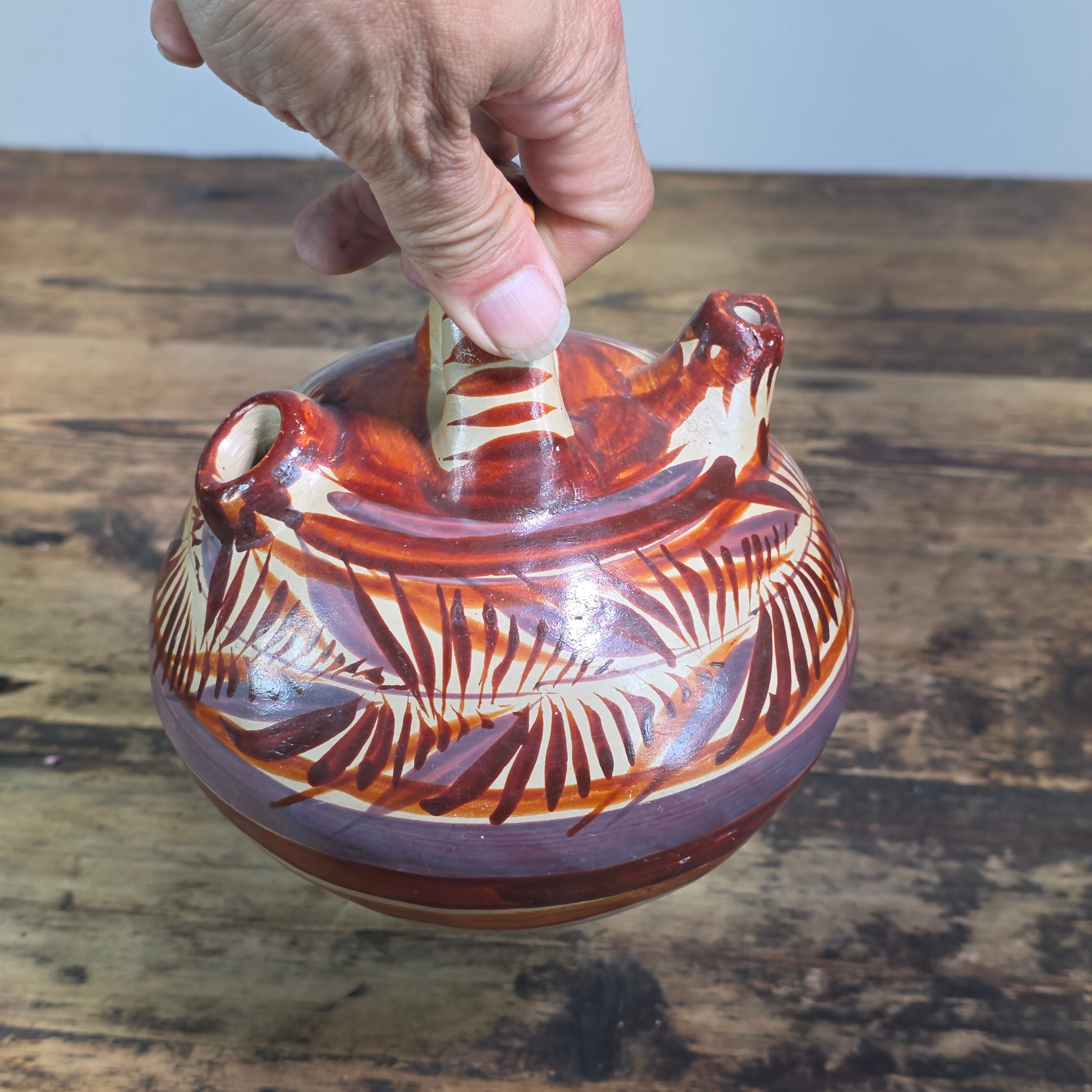 Vintage Mexican Tonala Pottery Water Jug Cantaro Double Spout Terracotta Clay 6"