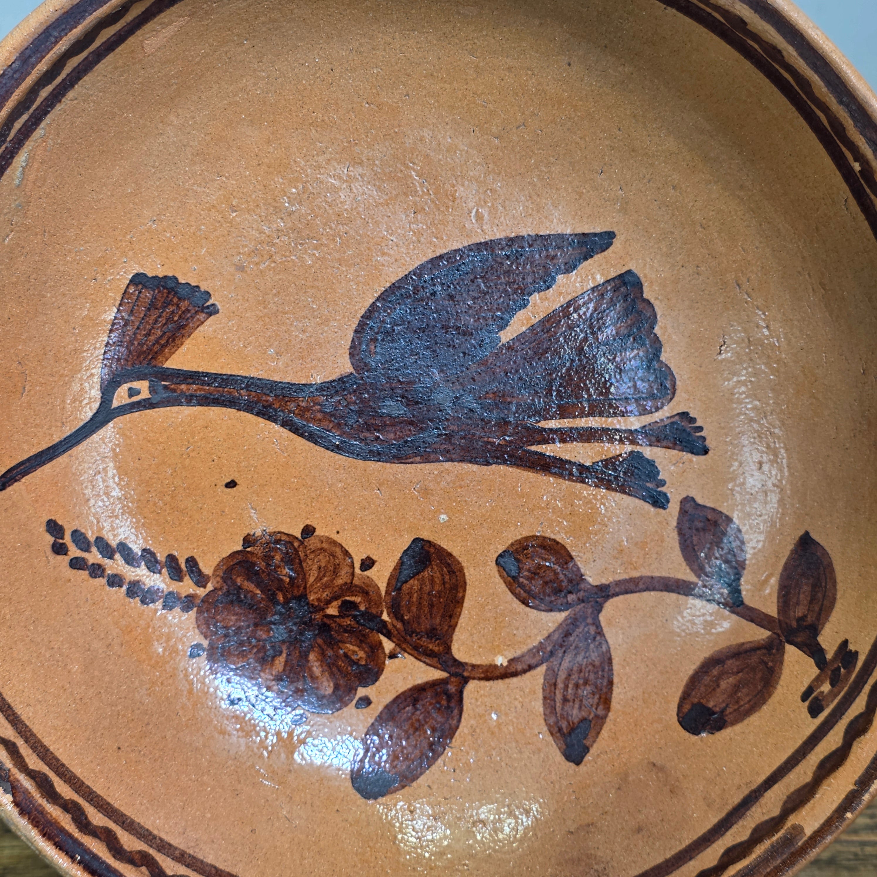 Vintage Mexican Folk Art Pottery Redware Terracotta Bowl Hand Painted Bird 8.5"