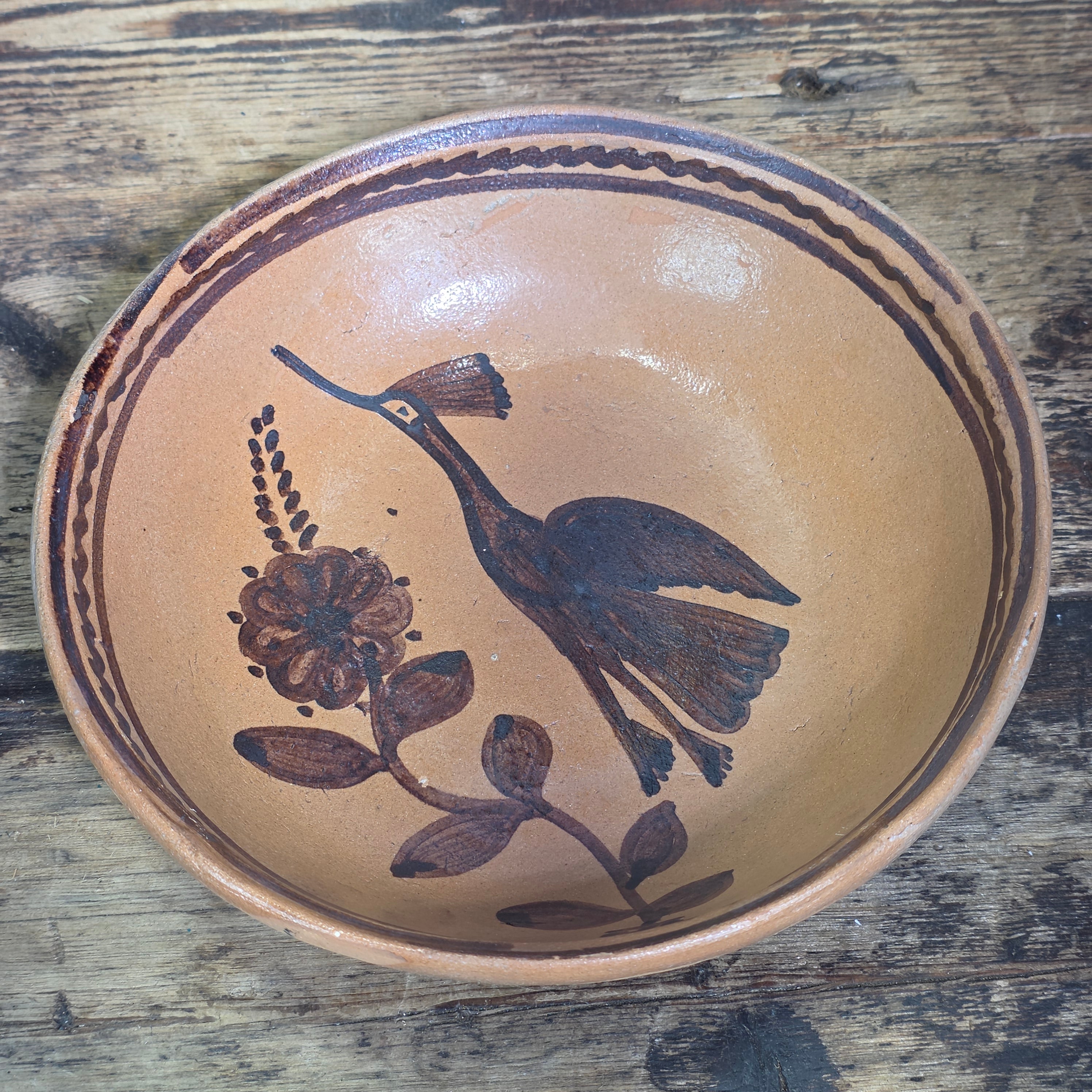 Vintage Mexican Folk Art Pottery Redware Terracotta Bowl Hand Painted Bird 8.5"