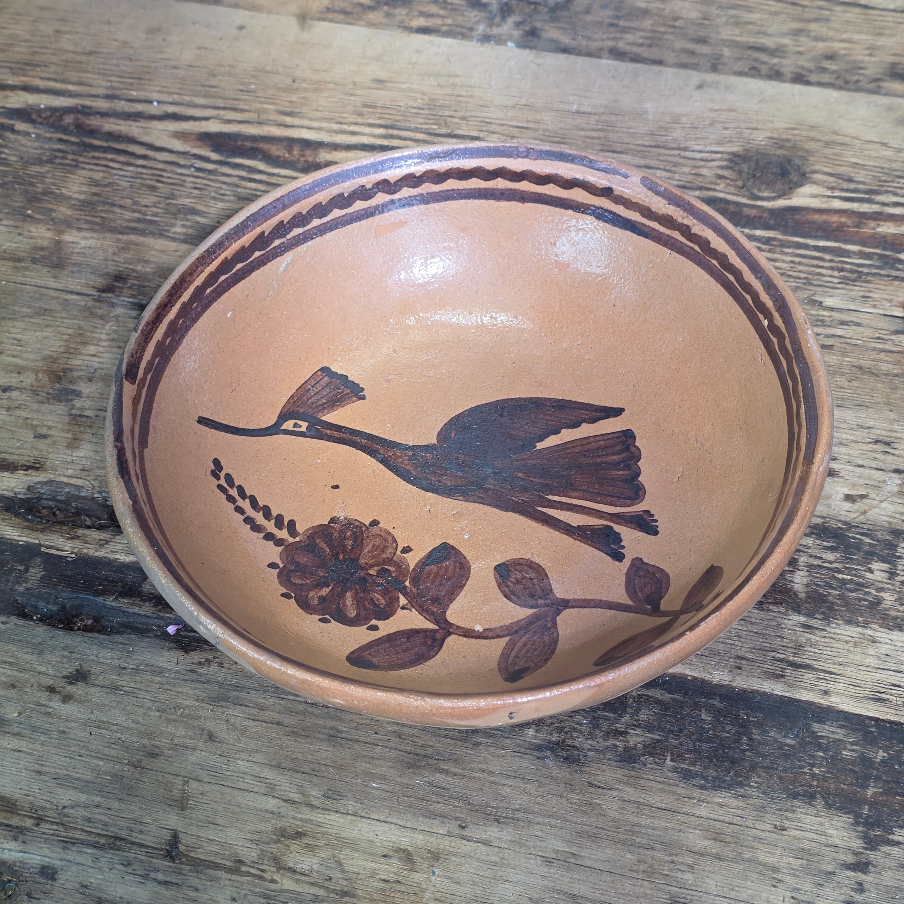 Vintage Mexican Folk Art Pottery Redware Terracotta Bowl Hand Painted Bird 8.5"