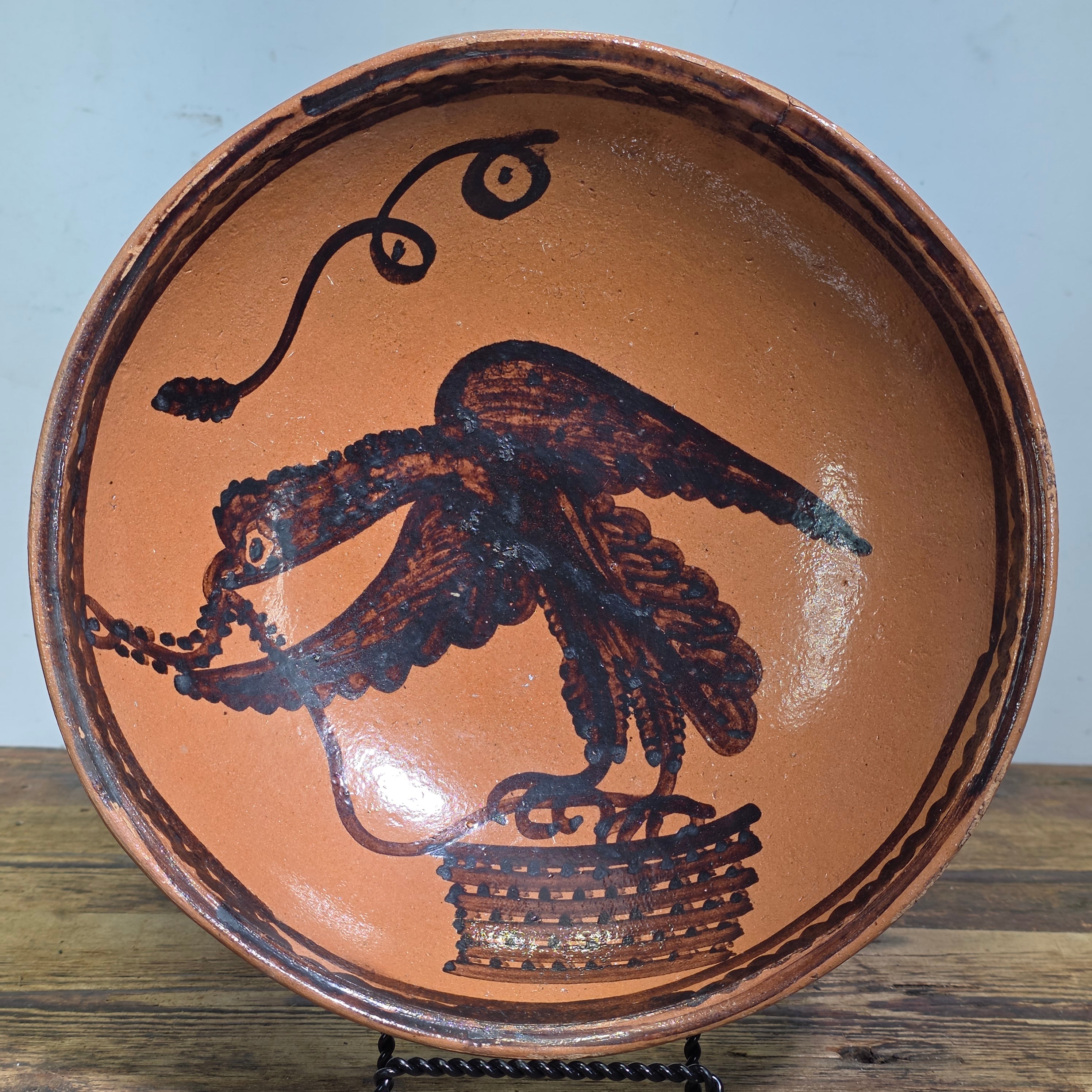 Vintage Mexican Folk Art Pottery Redware Terracotta Bowl Eagle Snake Mexico Coat