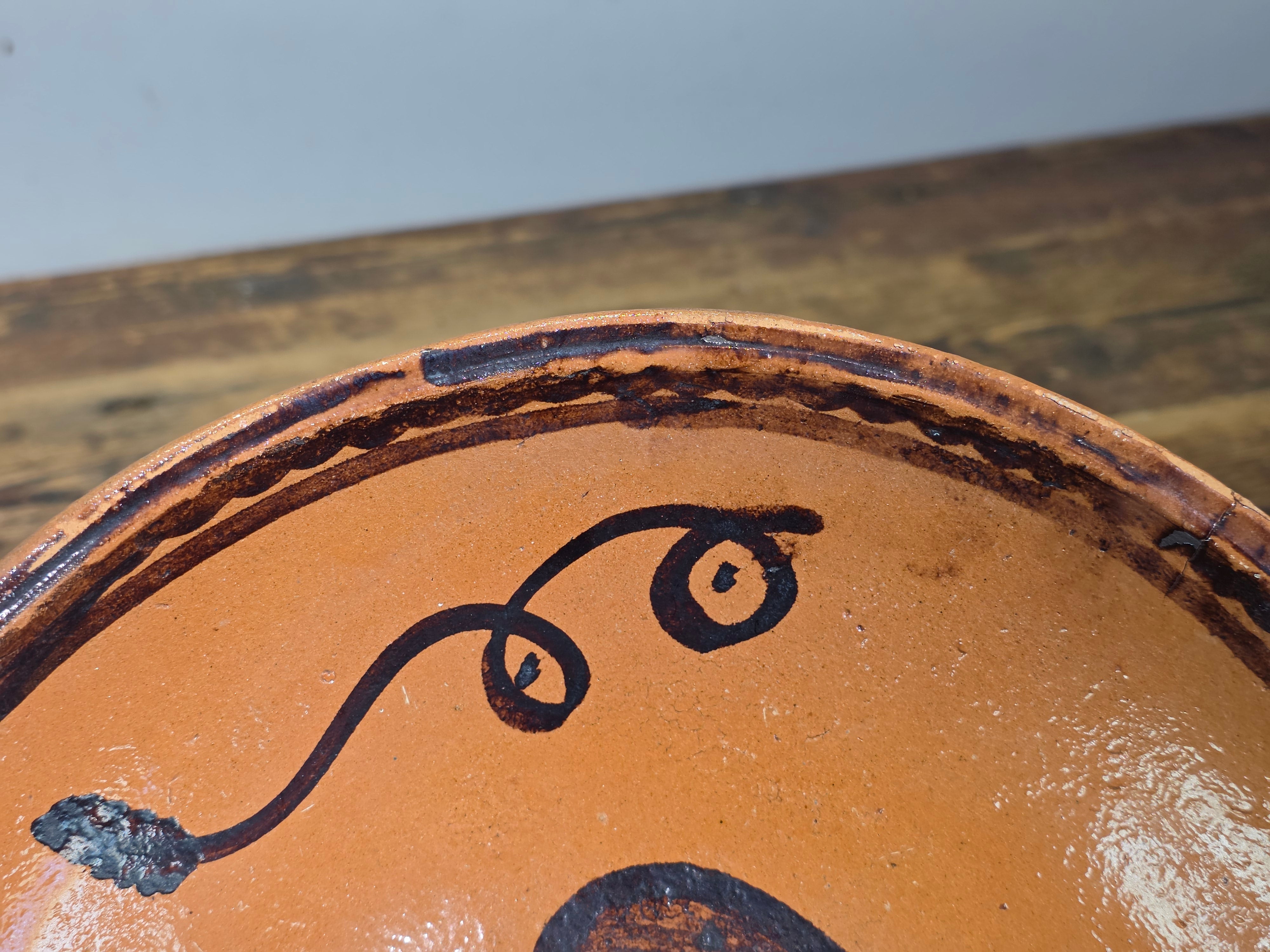 Vintage Mexican Folk Art Pottery Redware Terracotta Bowl Eagle Snake Mexico Coat