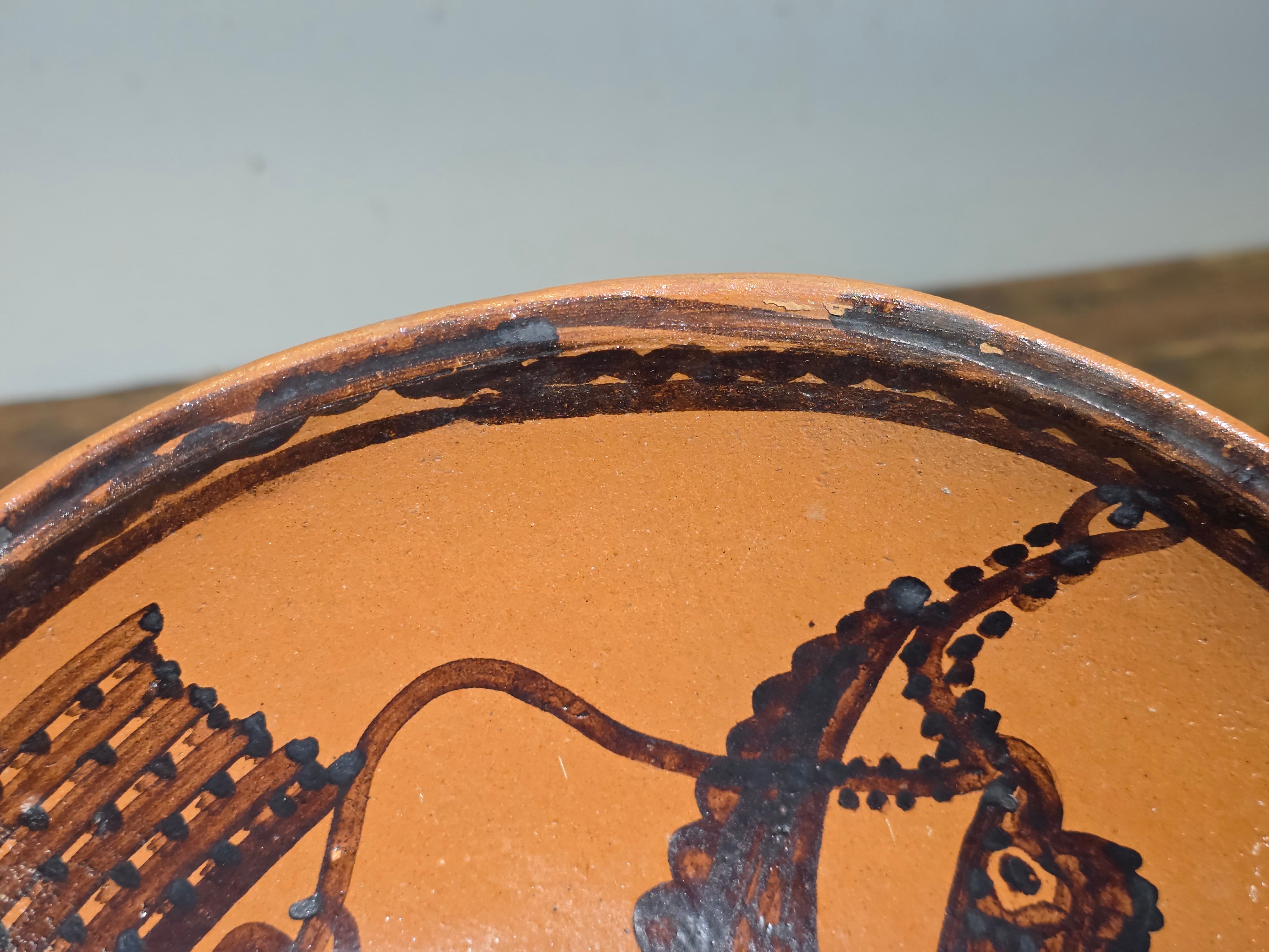 Vintage Mexican Folk Art Pottery Redware Terracotta Bowl Eagle Snake Mexico Coat