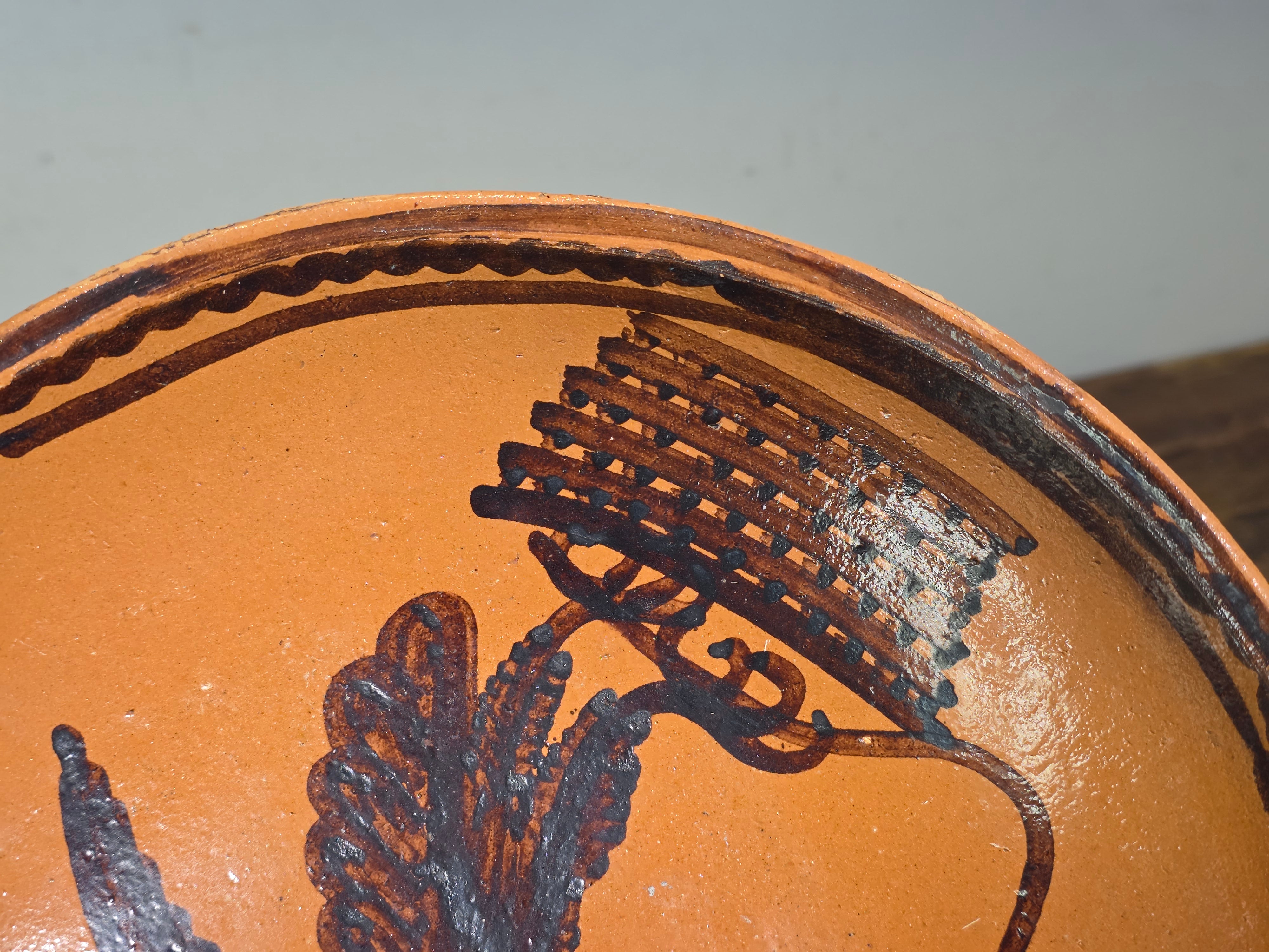 Vintage Mexican Folk Art Pottery Redware Terracotta Bowl Eagle Snake Mexico Coat