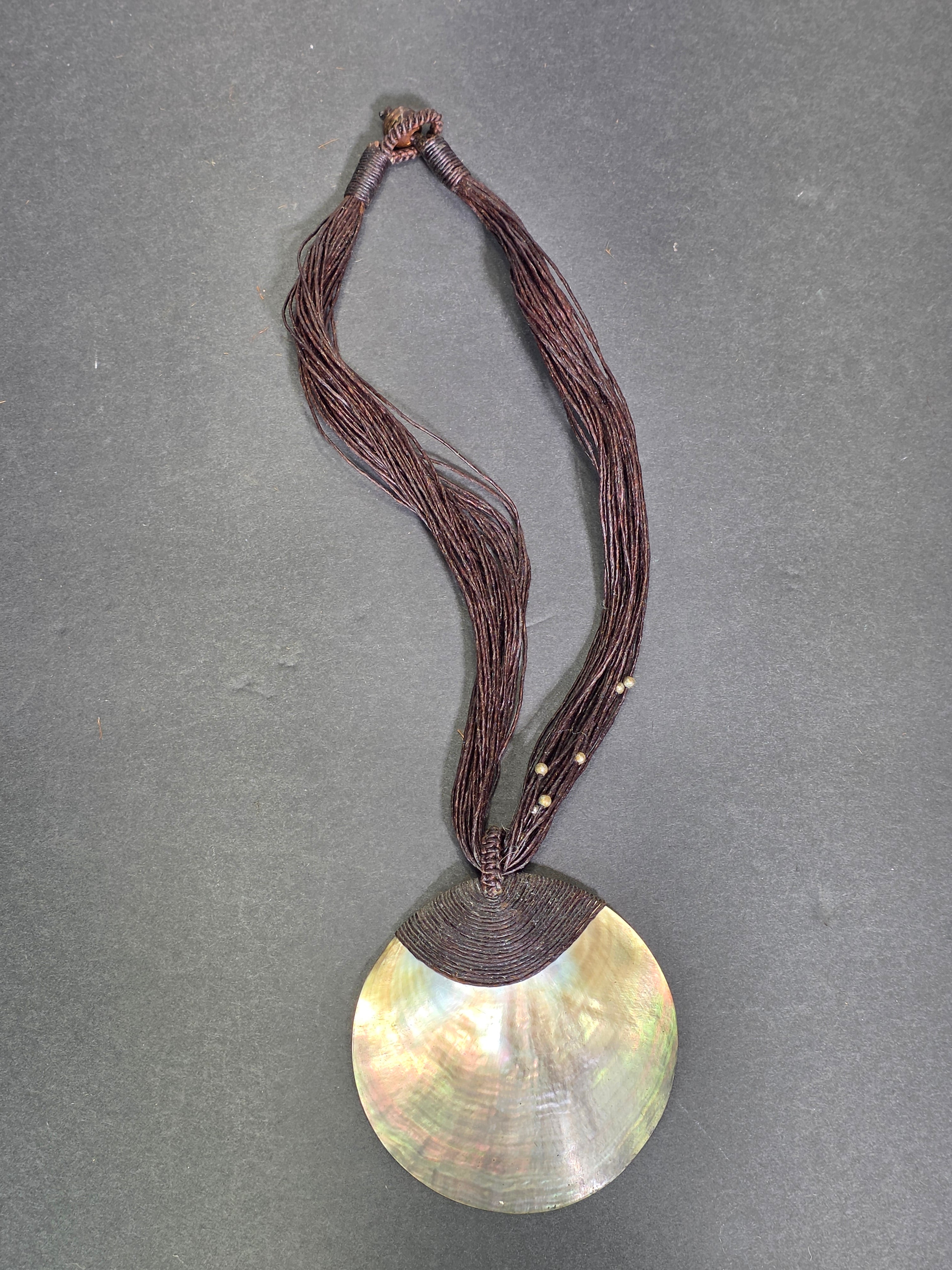 Vintage Mother of Pearl Shell Pendant Necklace Multi Strand Cord Boho Choker 19"
