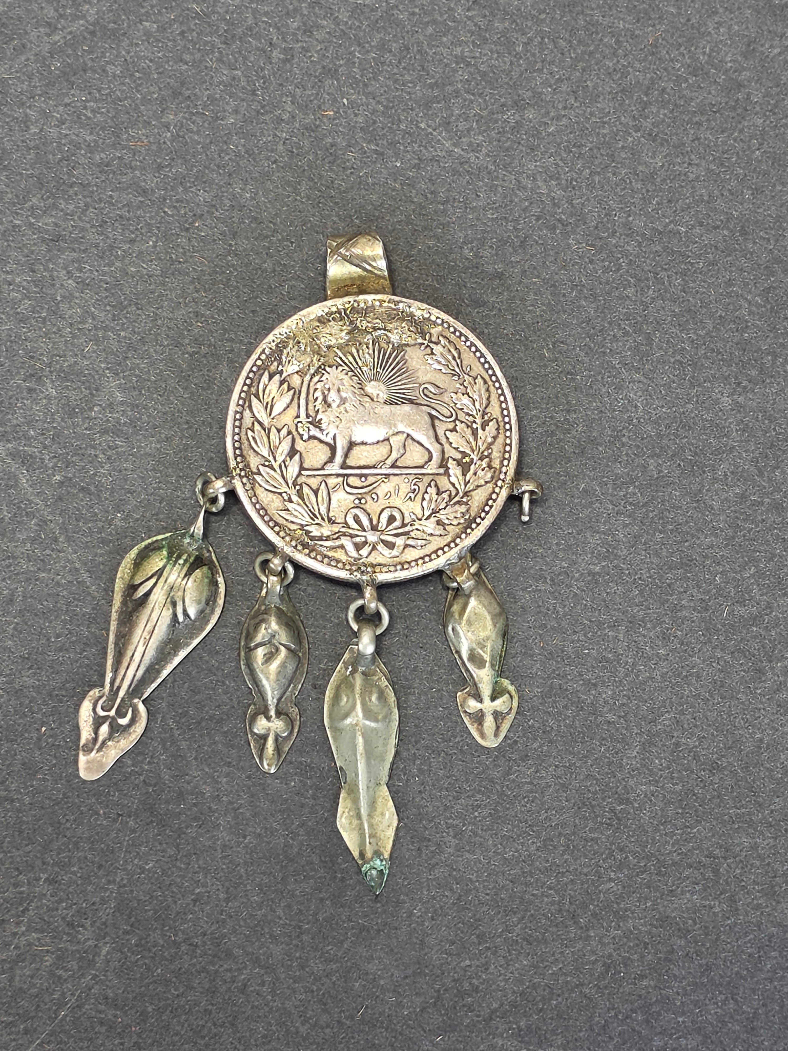 Antique Persian Silver Coin Pendant Vintage Iran Lion Sun ShiroKhorshid 4Dangles