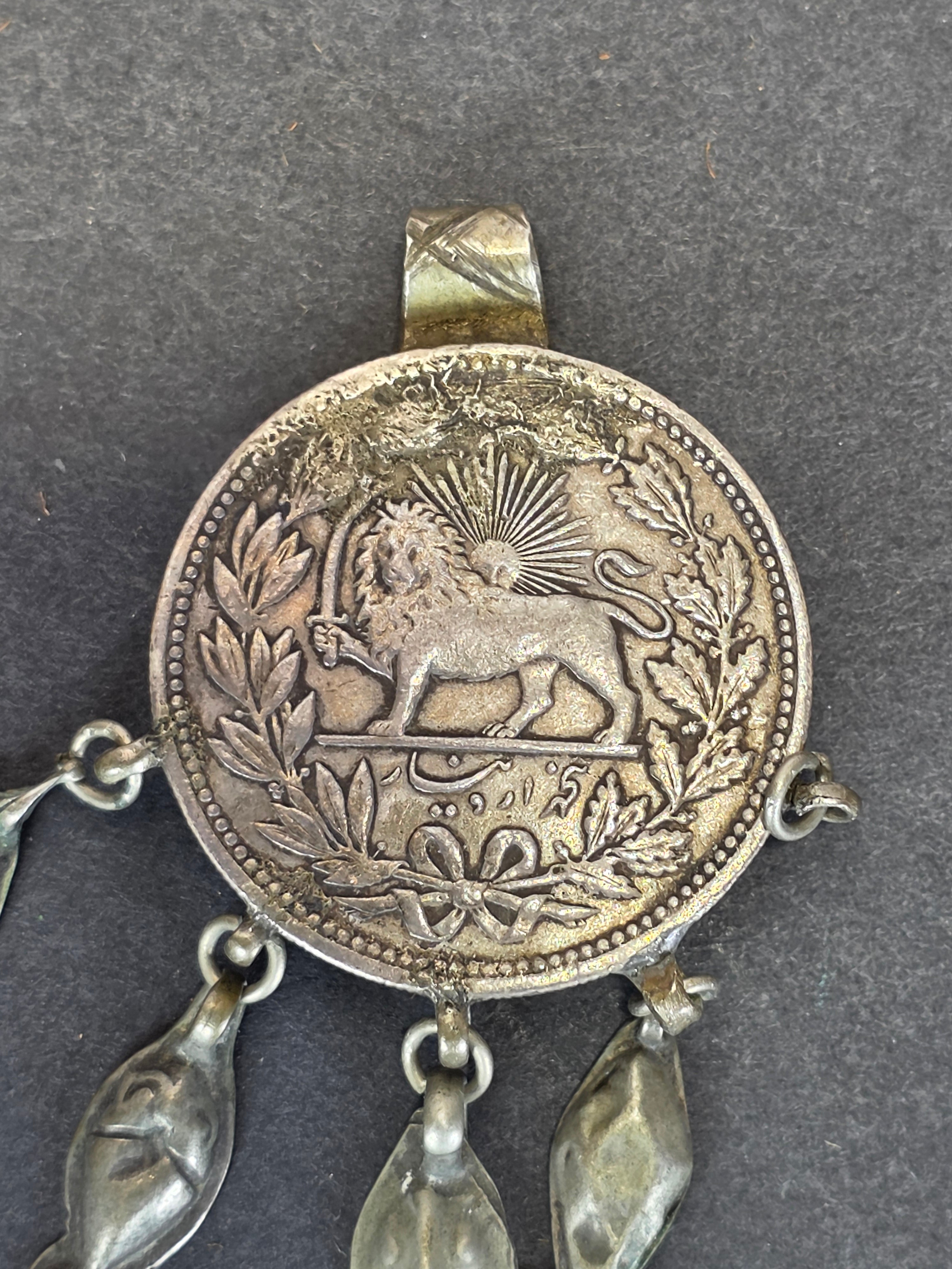 Antique Persian Silver Coin Pendant Vintage Iran Lion Sun ShiroKhorshid 4Dangles
