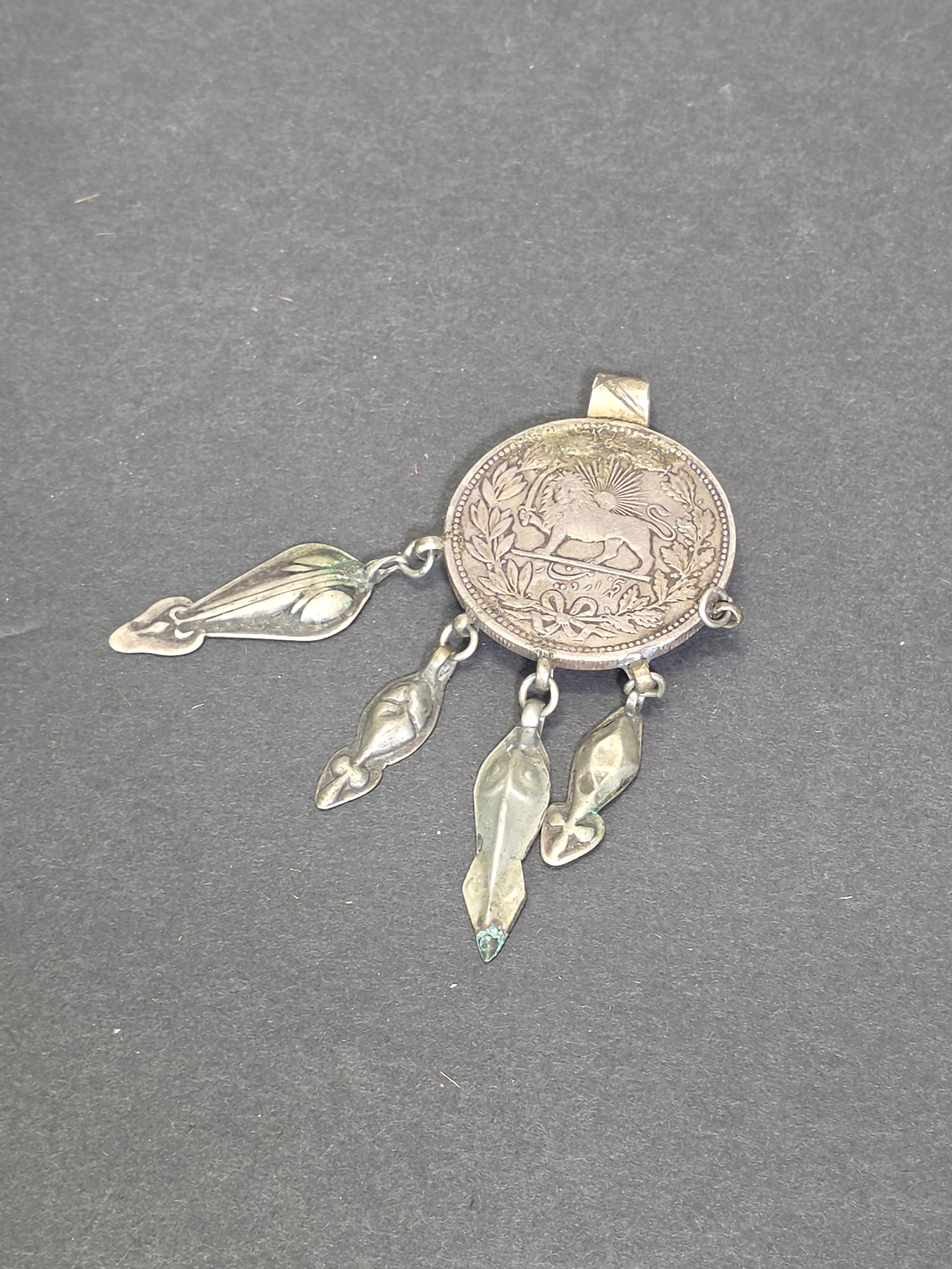 Antique Persian Silver Coin Pendant Vintage Iran Lion Sun ShiroKhorshid 4Dangles
