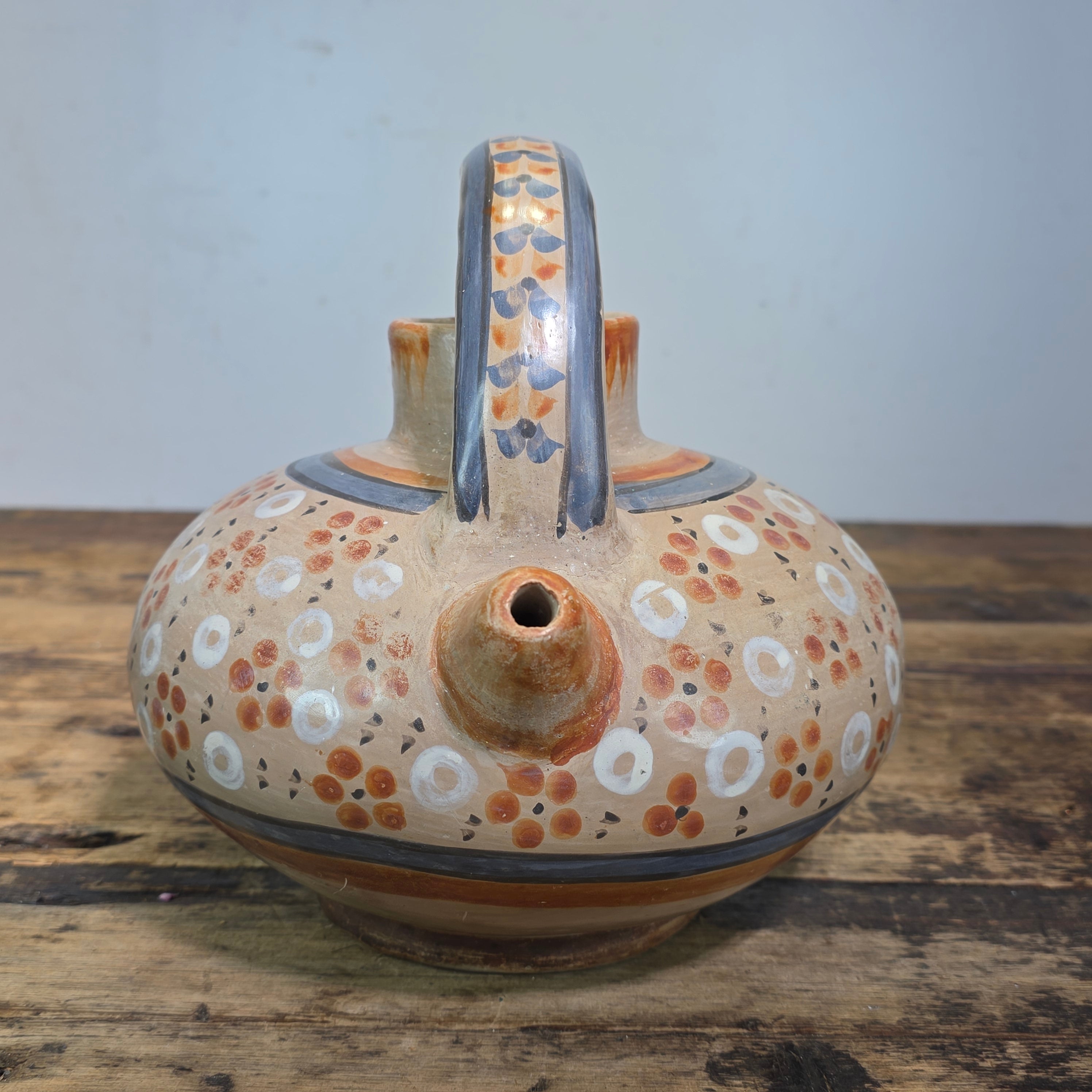 Vintage Mexican Tonala Clay Botijo Cantaro Water Jug Folk Art Hand Painted
