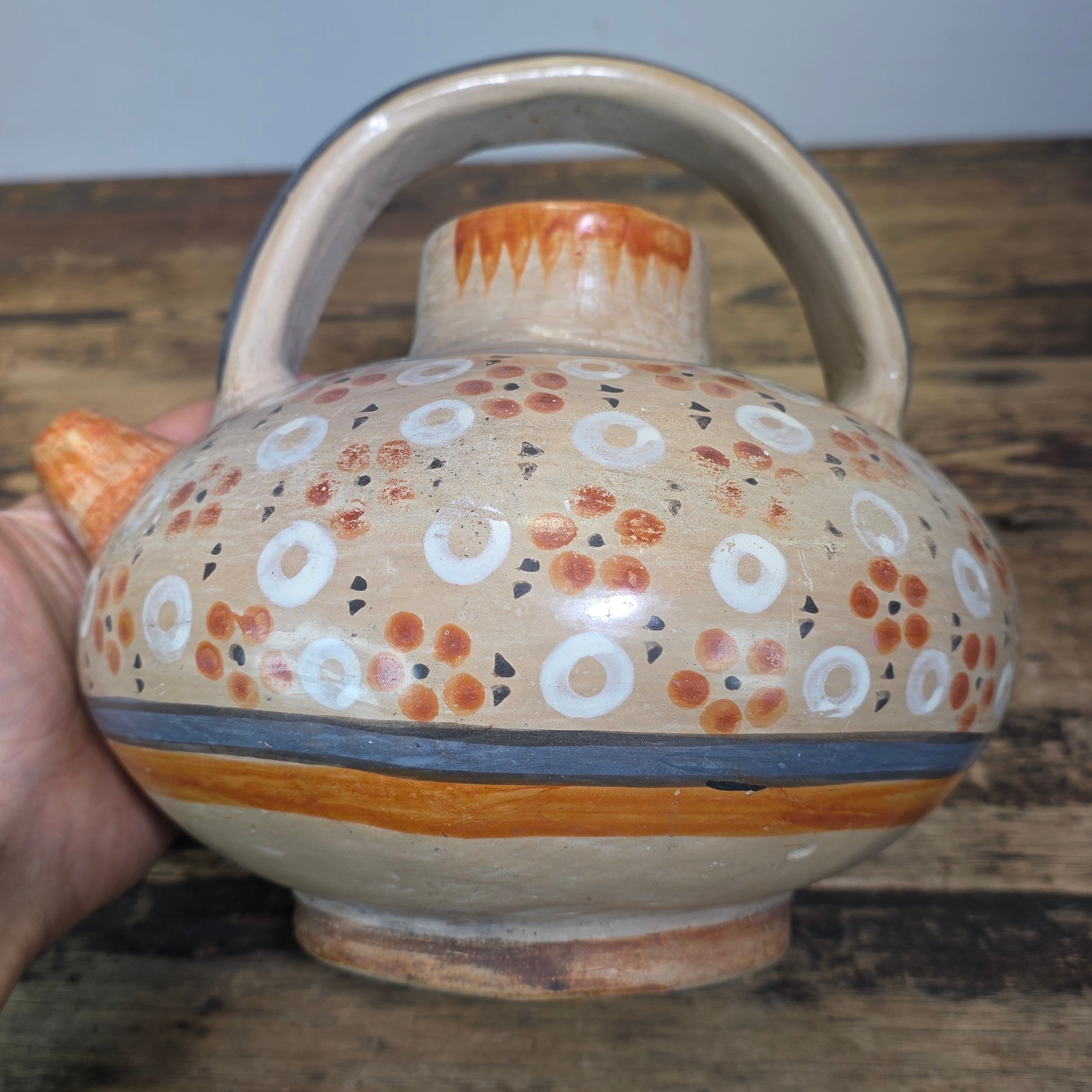 Vintage Mexican Tonala Clay Botijo Cantaro Water Jug Folk Art Hand Painted