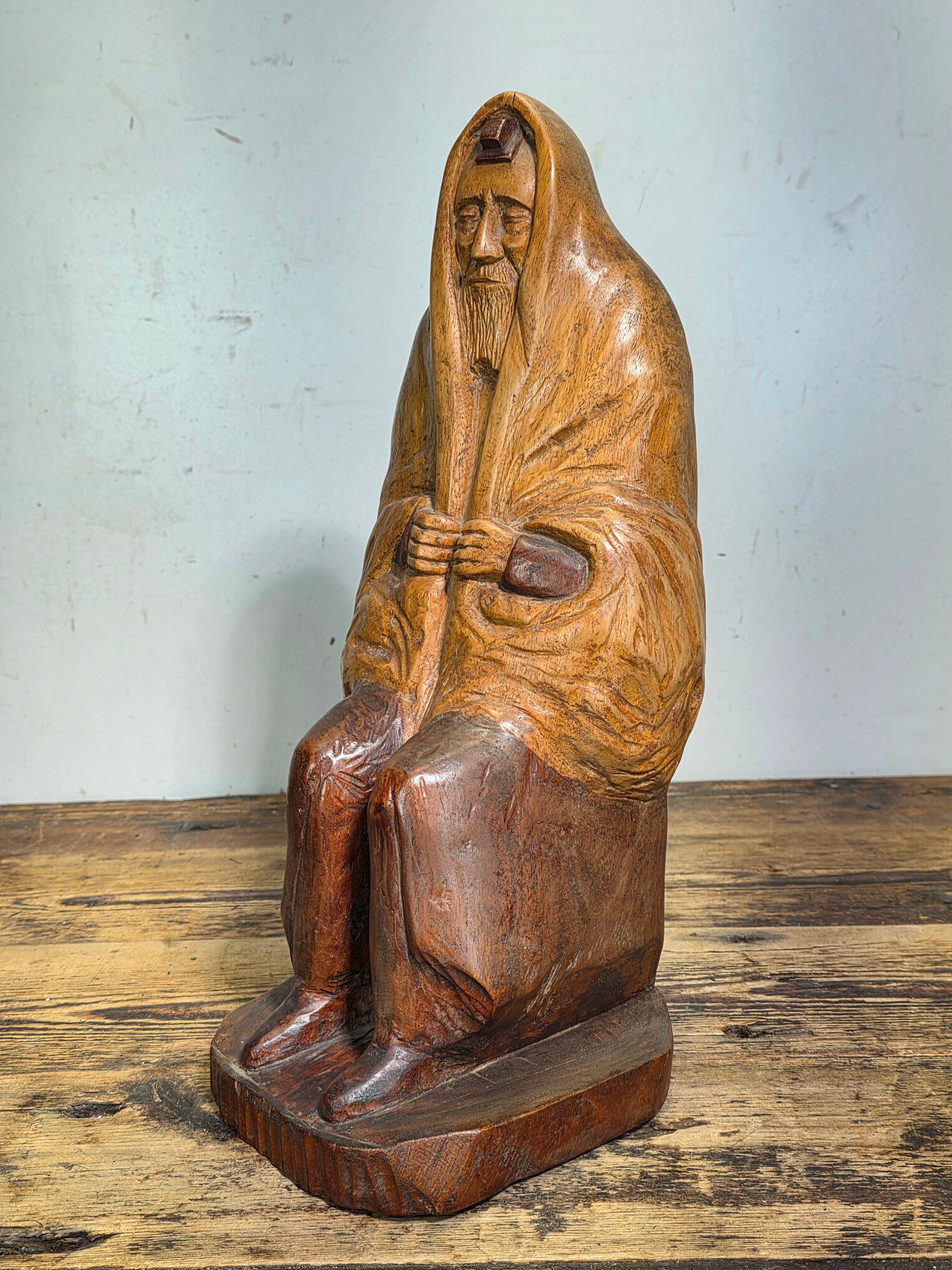 Vtg Hand Carved Wood Moses Rabbi Statue Signed Lipe Hebrew Jewish Judaica 15"