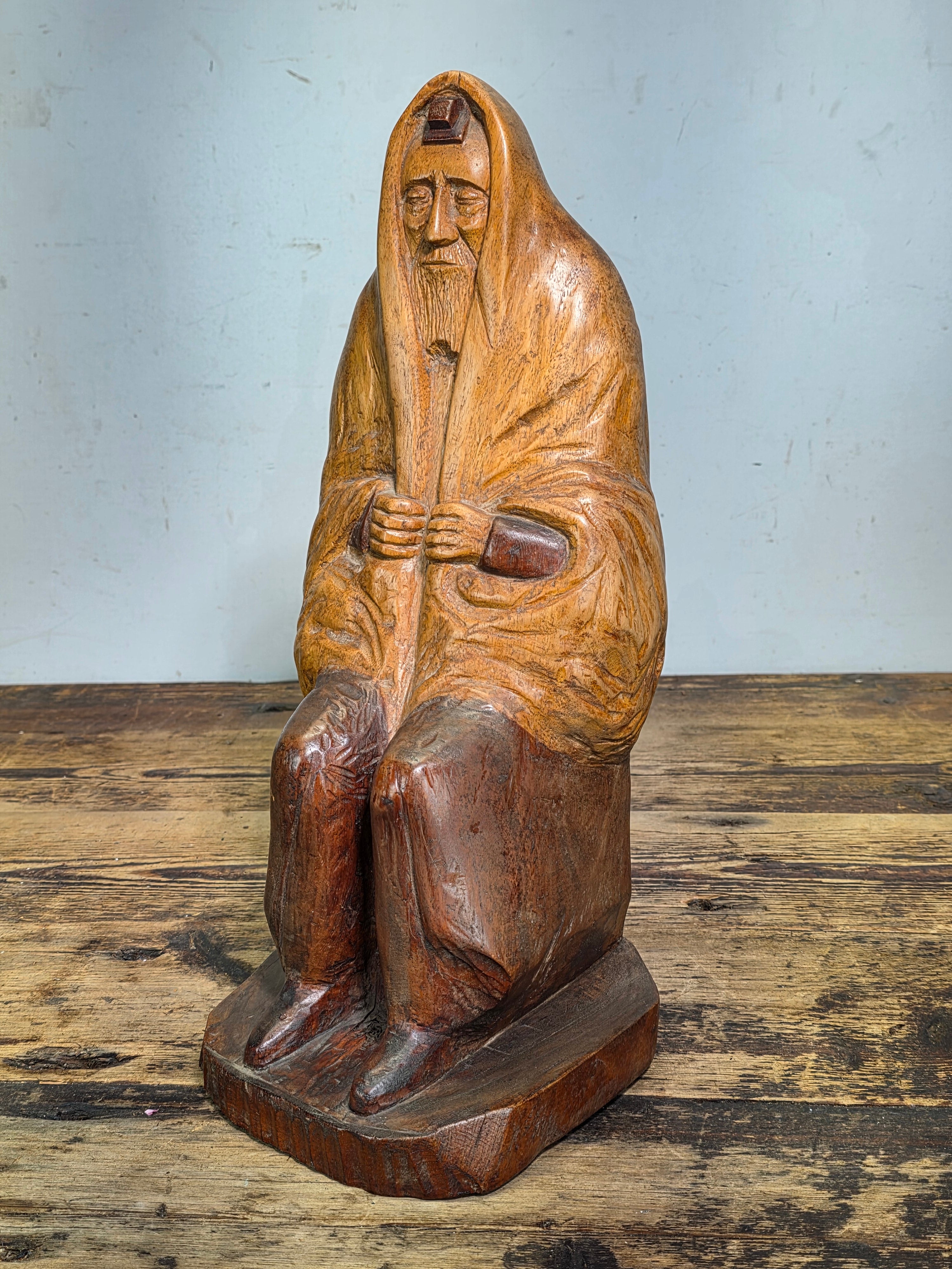 Vtg Hand Carved Wood Moses Rabbi Statue Signed Lipe Hebrew Jewish Judaica 15"