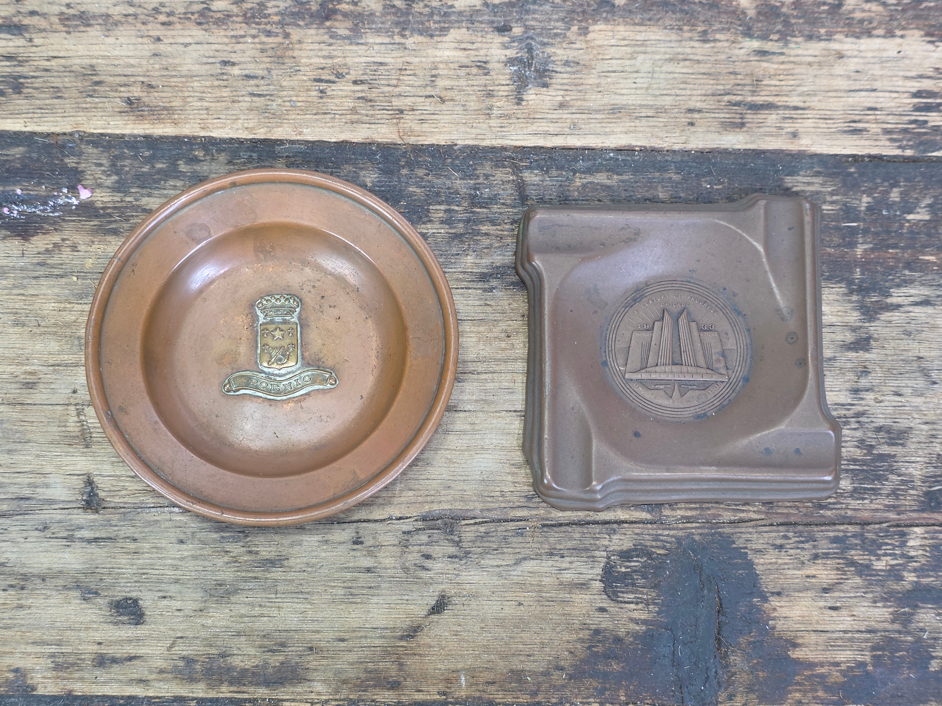 1933 Chicago Worlds Fair Chrysler Copper Ashtray France Pornic Coat of Arms Lot