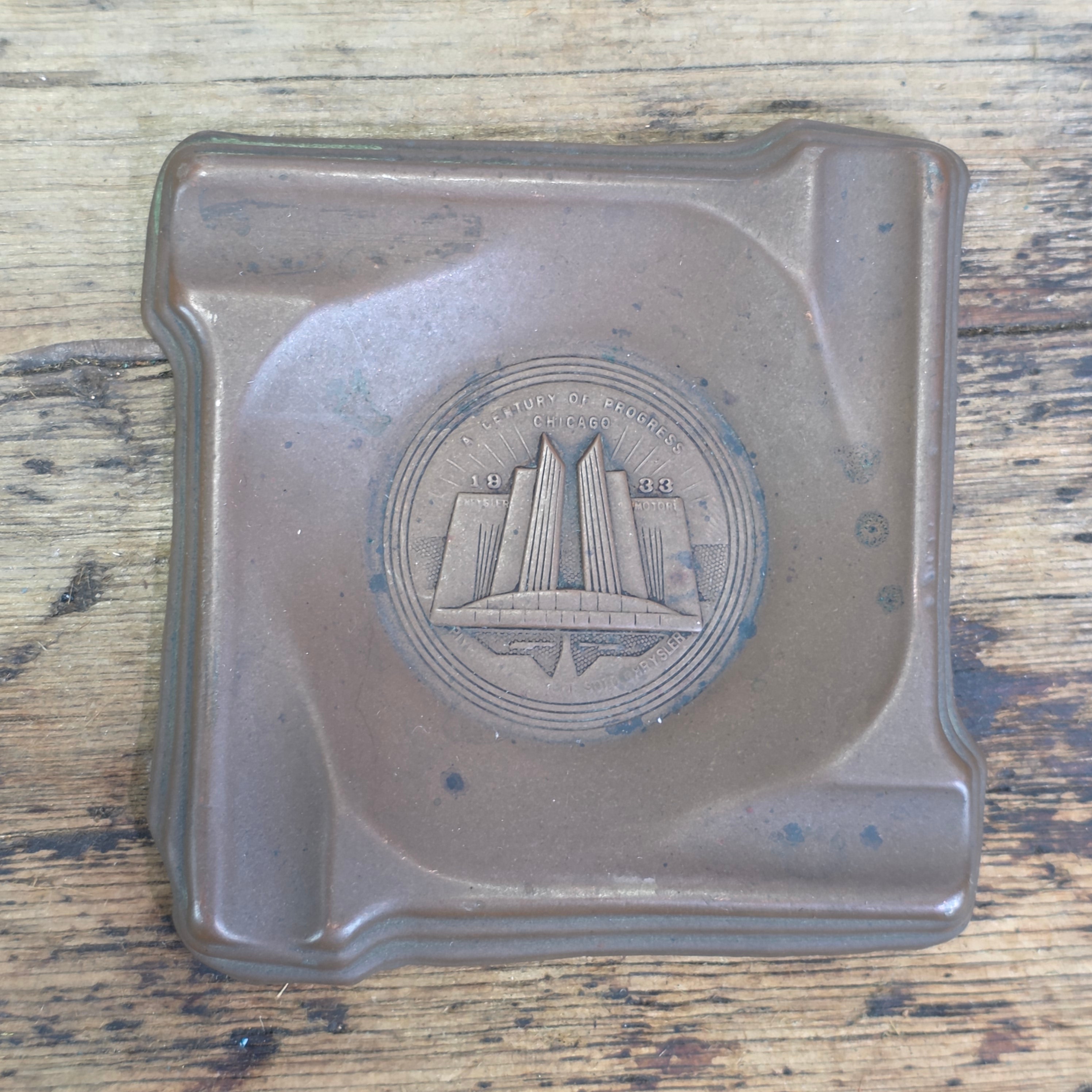 1933 Chicago Worlds Fair Chrysler Copper Ashtray France Pornic Coat of Arms Lot