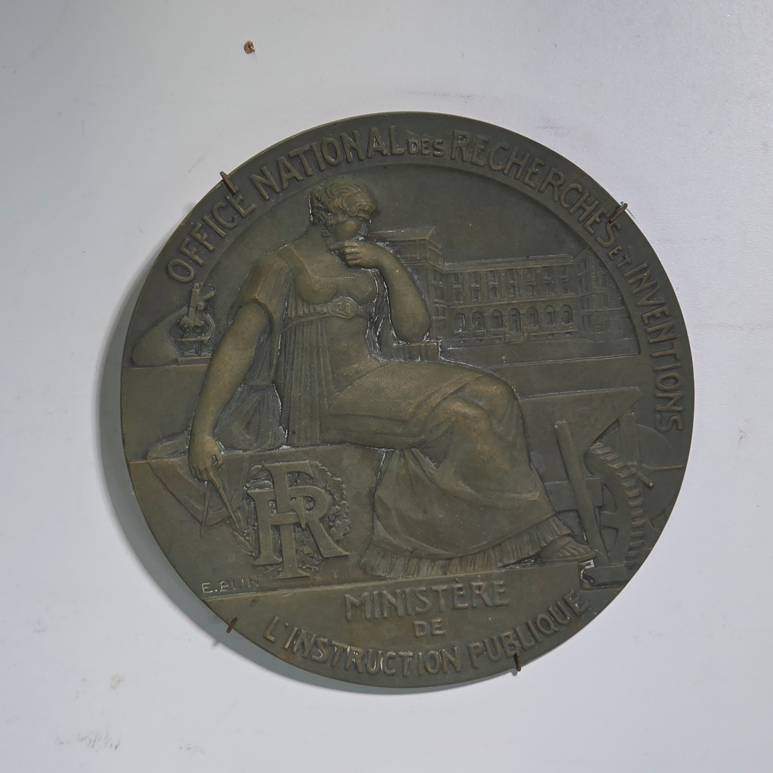 HUGE 8.5" Antique French Art Deco Bronze Wall Plaque Medal Office National Blin