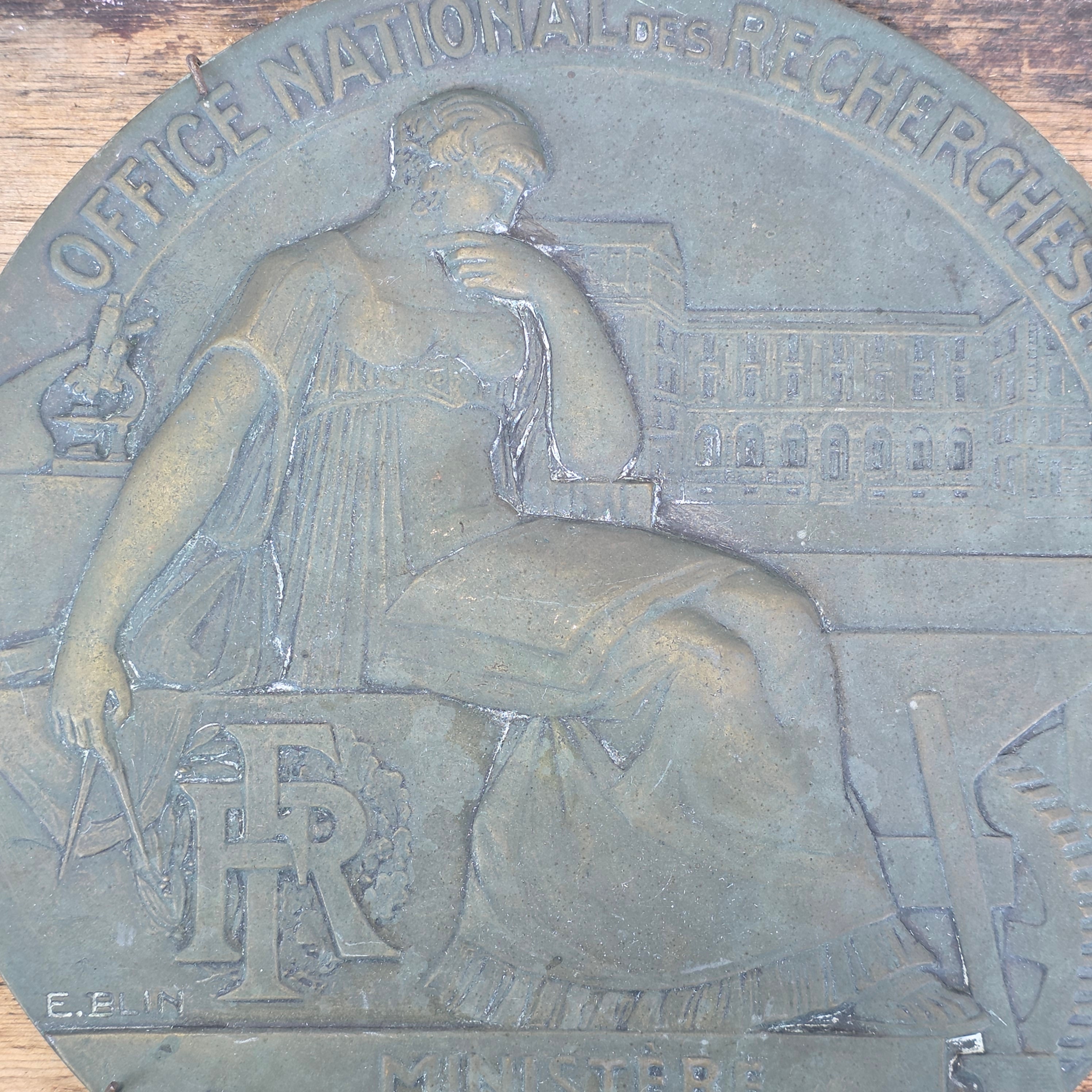 HUGE 8.5" Antique French Art Deco Bronze Wall Plaque Medal Office National Blin