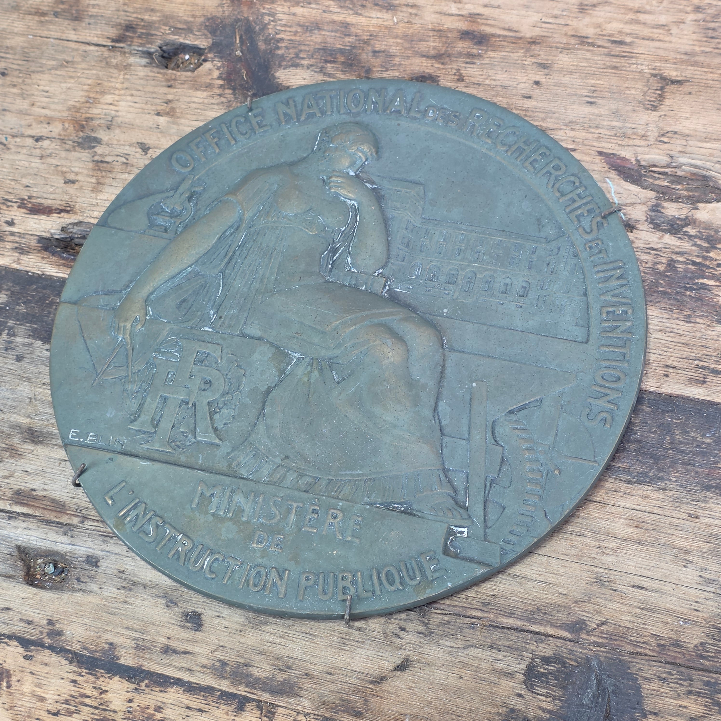 HUGE 8.5" Antique French Art Deco Bronze Wall Plaque Medal Office National Blin