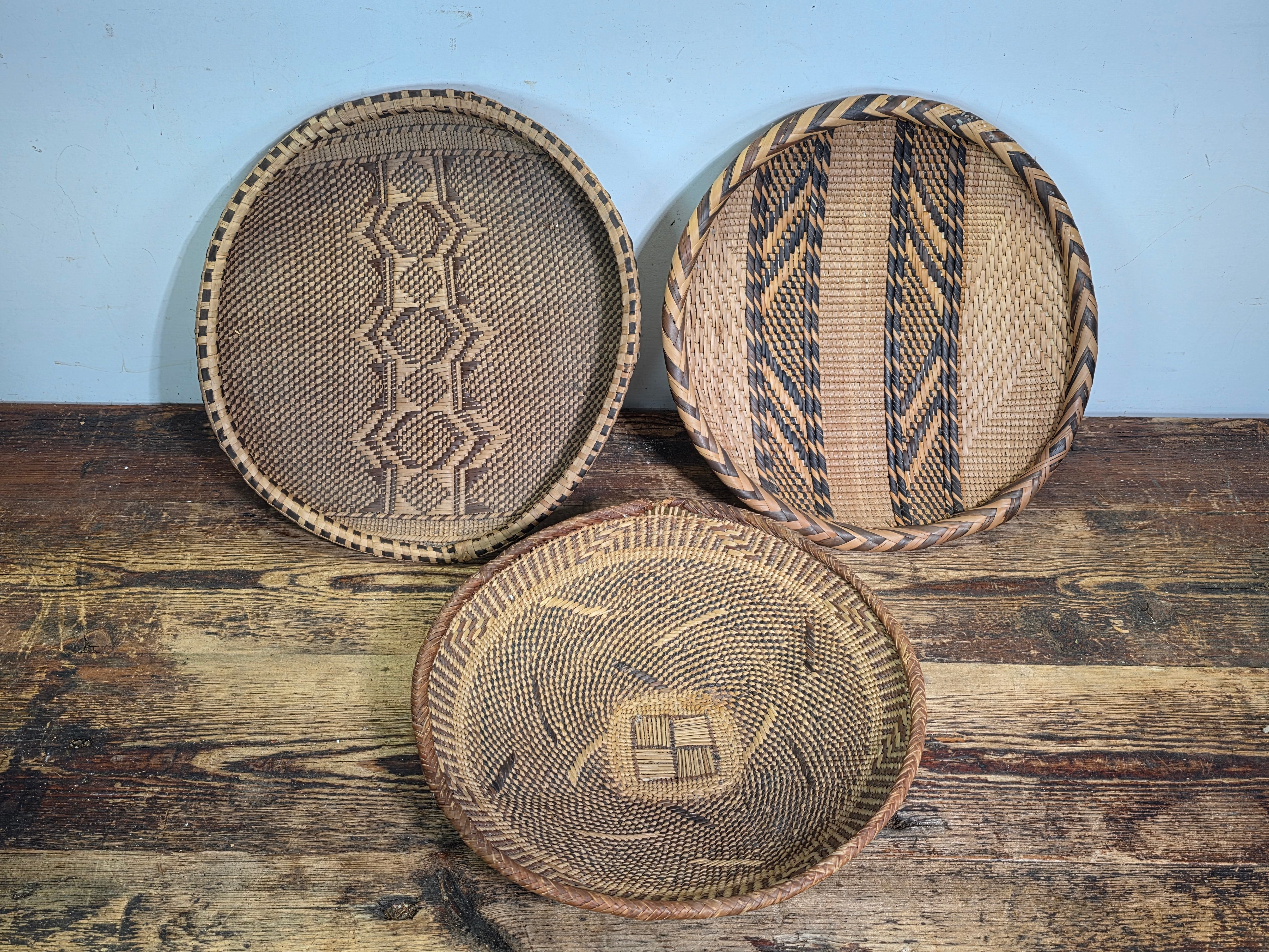 3pc Vintage Tonga Binga Basket Set African Wall Decor Boho Woven Winnowing Tray