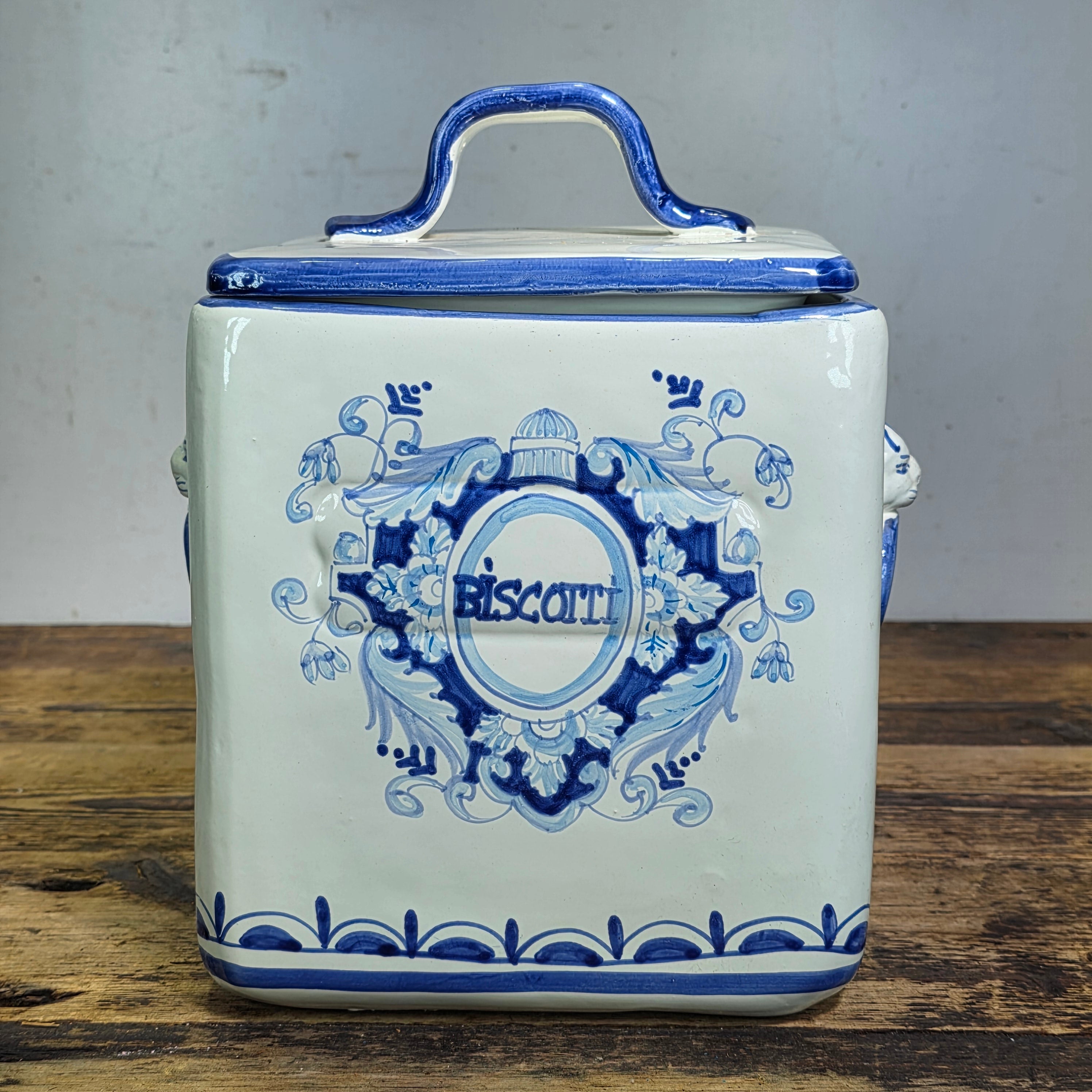 J Peterman Italy Majolica Biscotti Jar Vintage Ceramic Blue White Lion Cookie