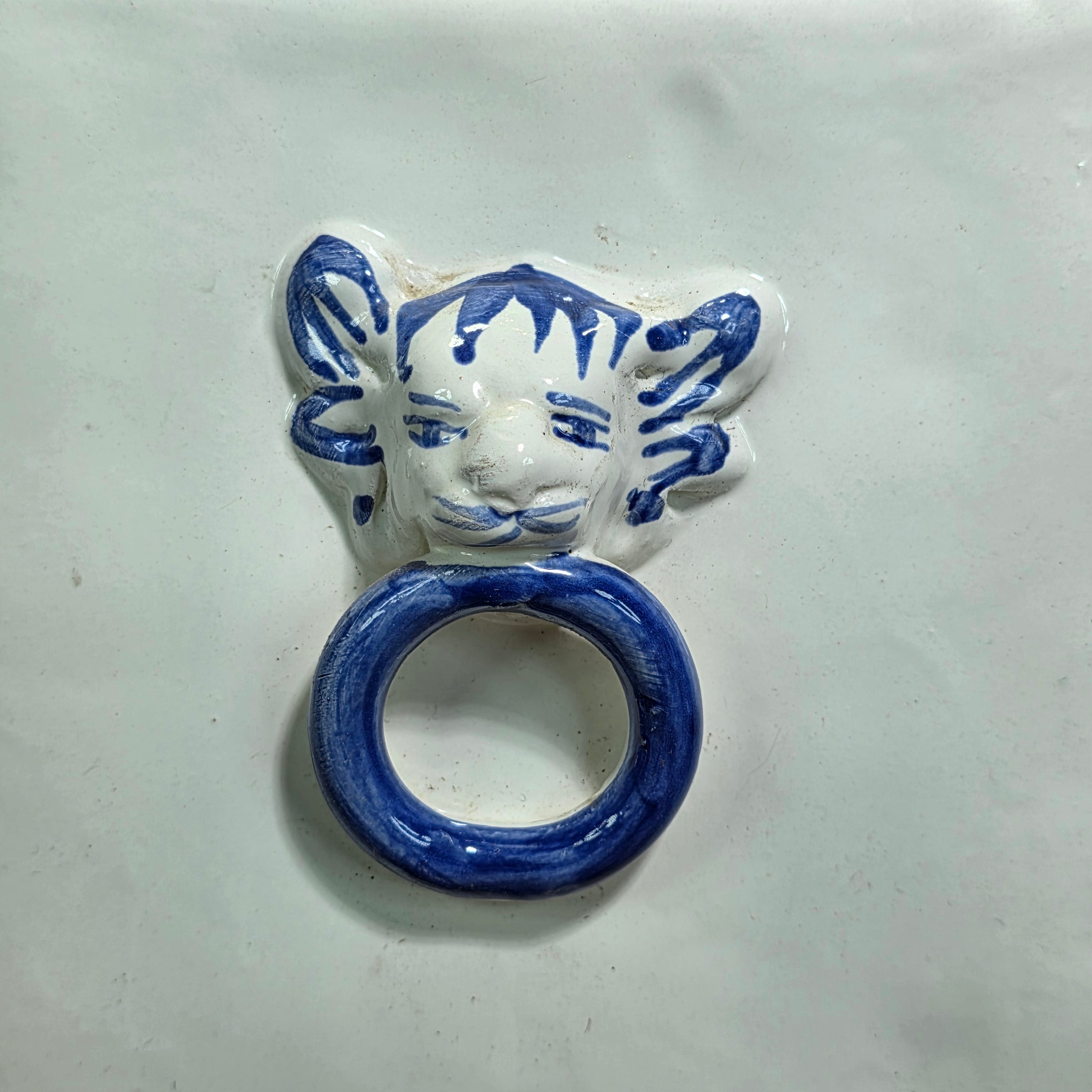 J Peterman Italy Majolica Biscotti Jar Vintage Ceramic Blue White Lion Cookie