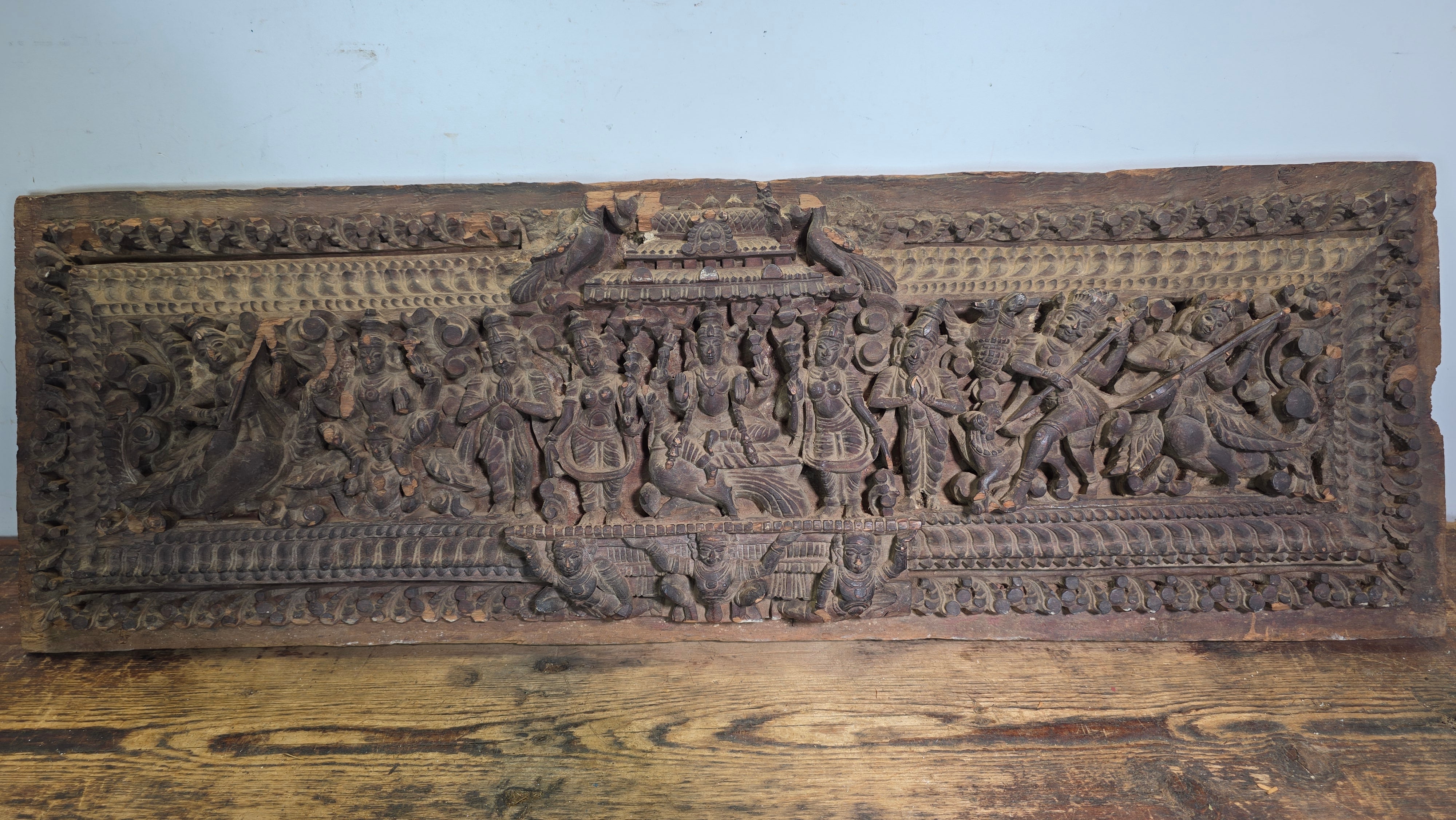 Antique India Wooden Panel Pair Lintel Carved Teak Temple Vishnu Wall Decor 2pc