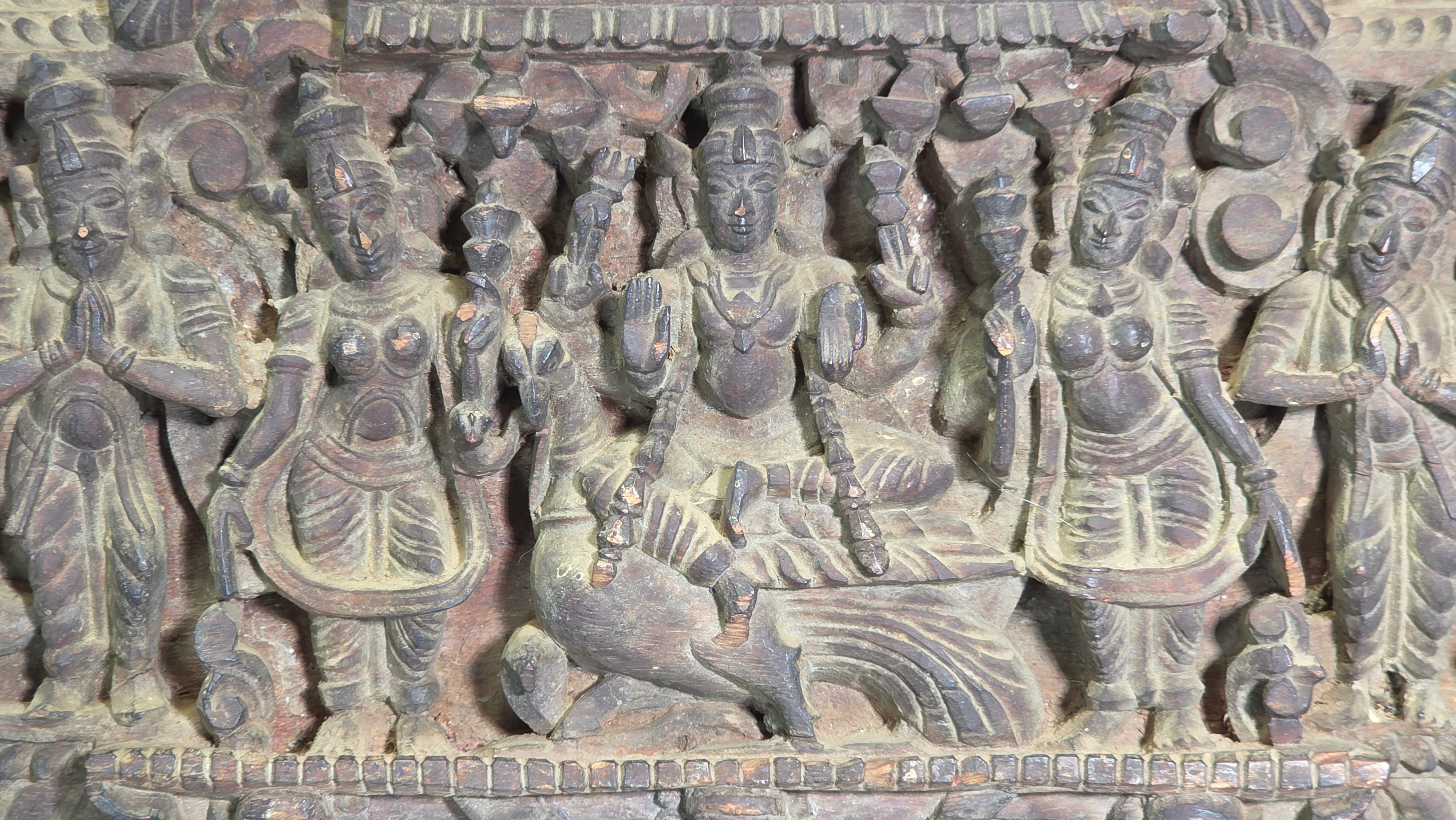 Antique India Wooden Panel Pair Lintel Carved Teak Temple Vishnu Wall Decor 2pc