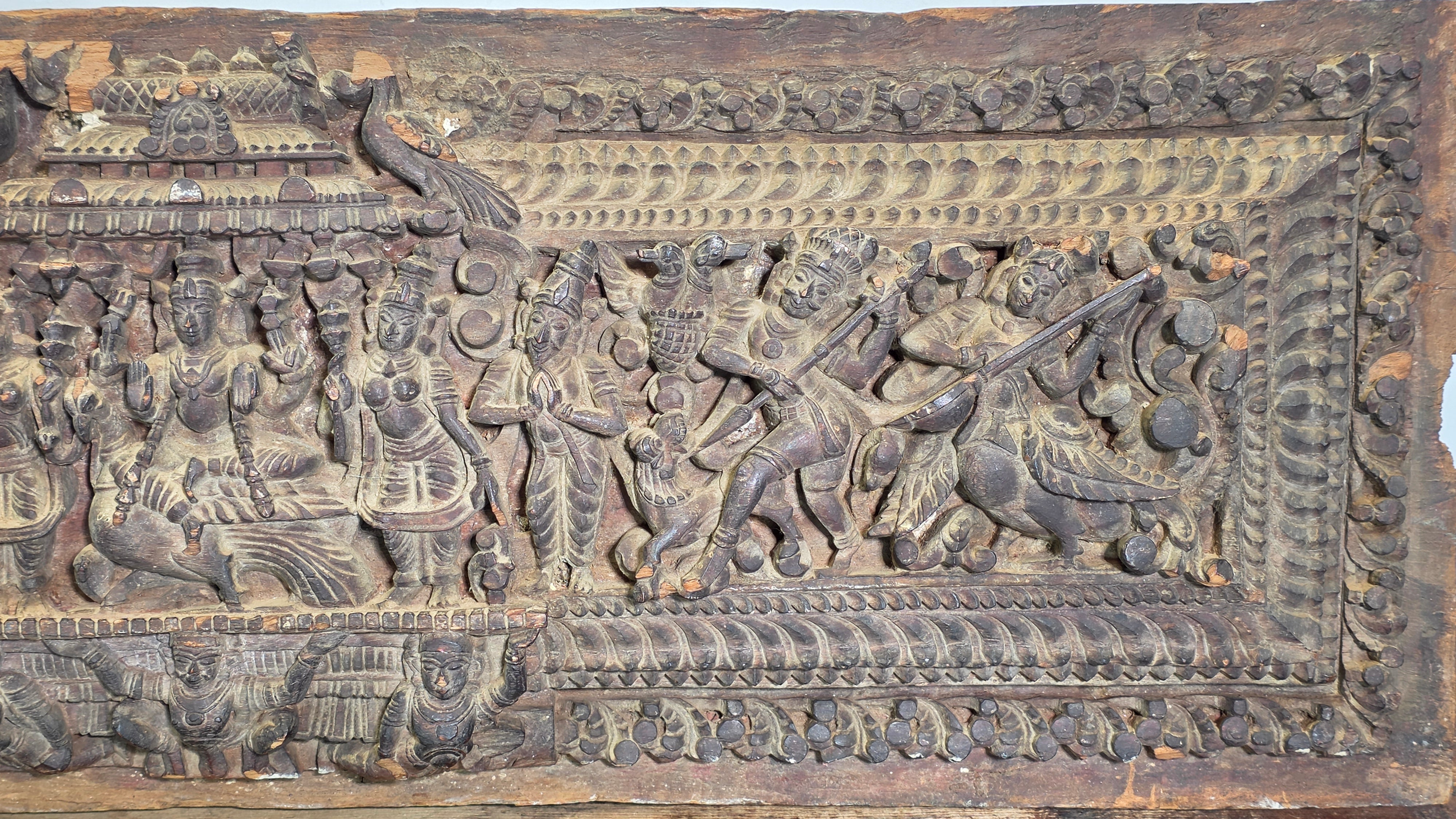 Antique India Wooden Panel Pair Lintel Carved Teak Temple Vishnu Wall Decor 2pc